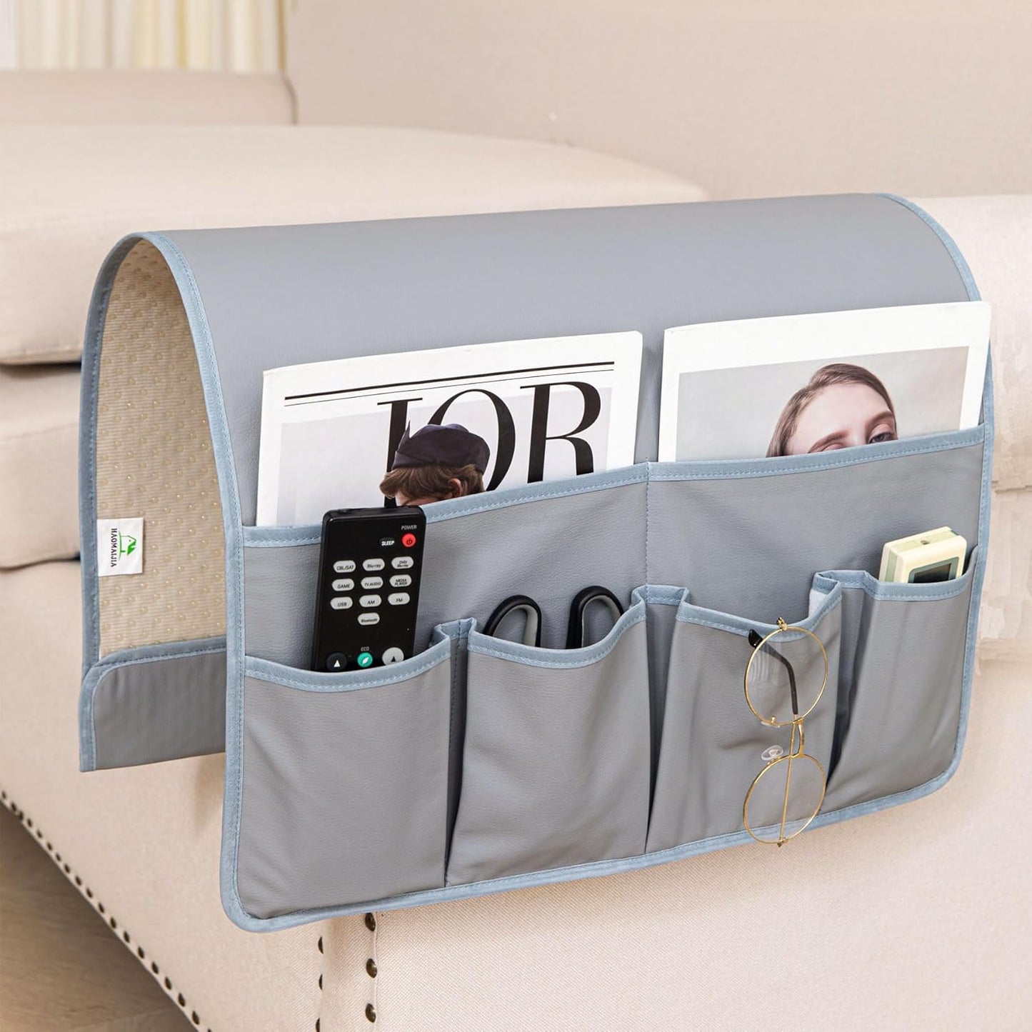 HAOMAIJIA Anti Slip Sofa Armrest Organizer Arm Chair Bedside Caddy Storage Organizer For Recliner Couch With 6 Pockets For Cell Phone Tv Remote Control (Light Gray, 31.89 inches × 18.5 inches)