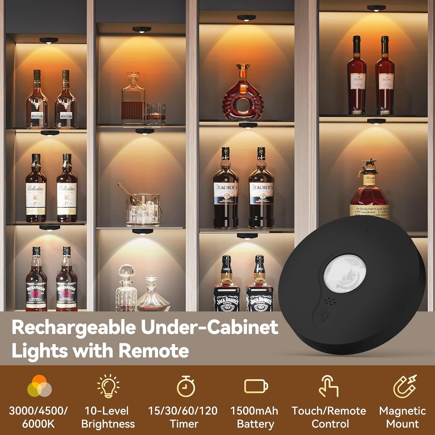 Yiliaw Rechargeable Puck Lights with Remote, 3 Pack Magnetic Under Cabinet Lighting, 1500mAh Battery Operated LED Tap Lights with Dimmer & Timmer for Kitchen, Closet, Shelf - 3 Color Temps, Black