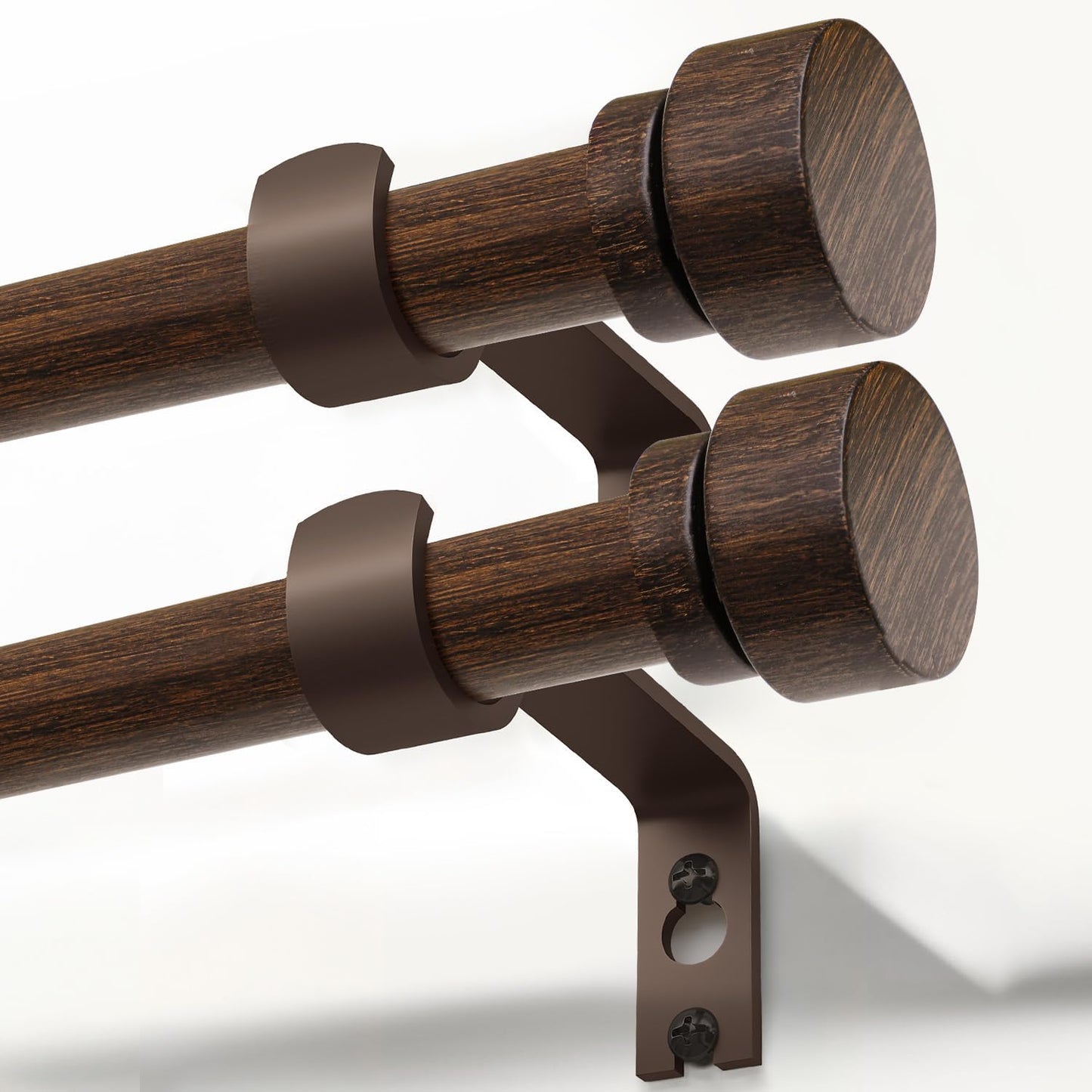 2 Pack Deep Walnut Wood Grain Curtain Rods for Windows 28 to 48 Inches 1" Diameter Heavy Duty Window Curtain Rod Adjustable with Solid Finials for Living Room Bedroom Kitchen Farmhouse Outdoor