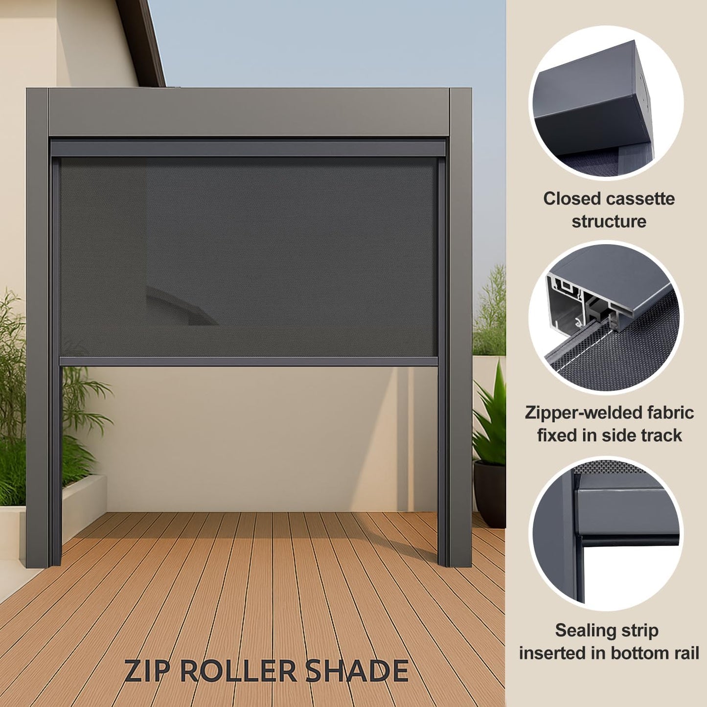 ZSHINE Hard-Wired Outdoor Snow Blocking Weatherproof Motorized Patio Roller Shades Remote Control for Porch Balcony Customized Size (Black Grey 5% Openness)