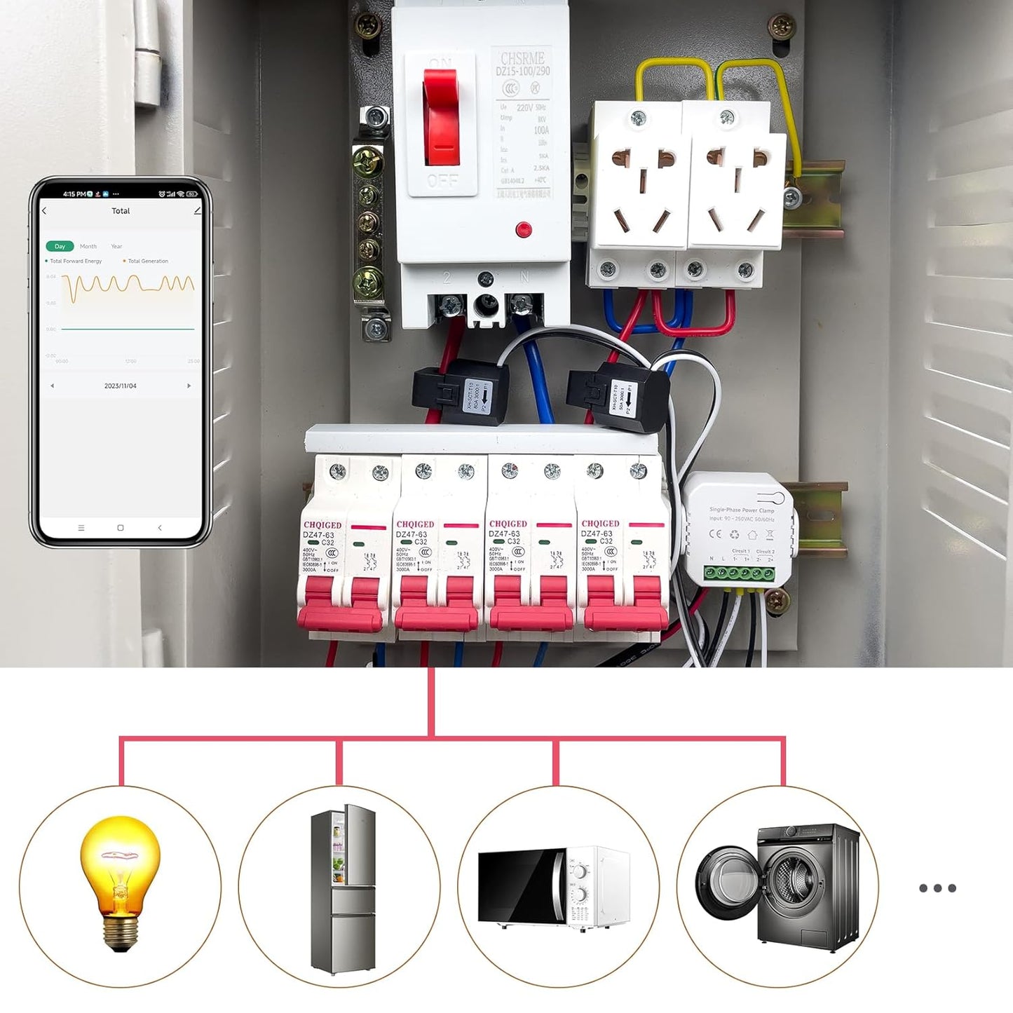 Smart Energy Monitor, Single Phase Clamp Electricity Meter with 2 * 80ACT Current Transformer, WiFi, Real-Time Electricity Monitor/Meter, Solar/Network Metering