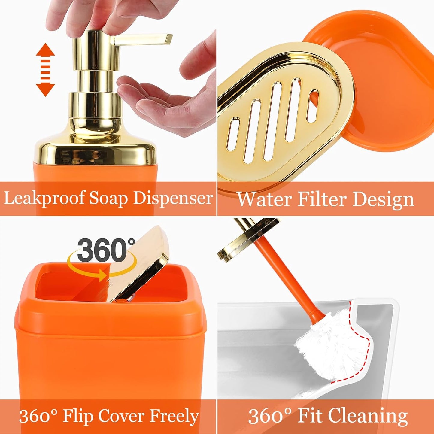 Orange Bathroom Accessories Set, Bathroom Sets with Shower Curtain, Orange Bathroom Accessories with Trash Can, Soap Dispenser, Soap Dish, Toilet Brush Holder, Qtip Holders for Bathroom