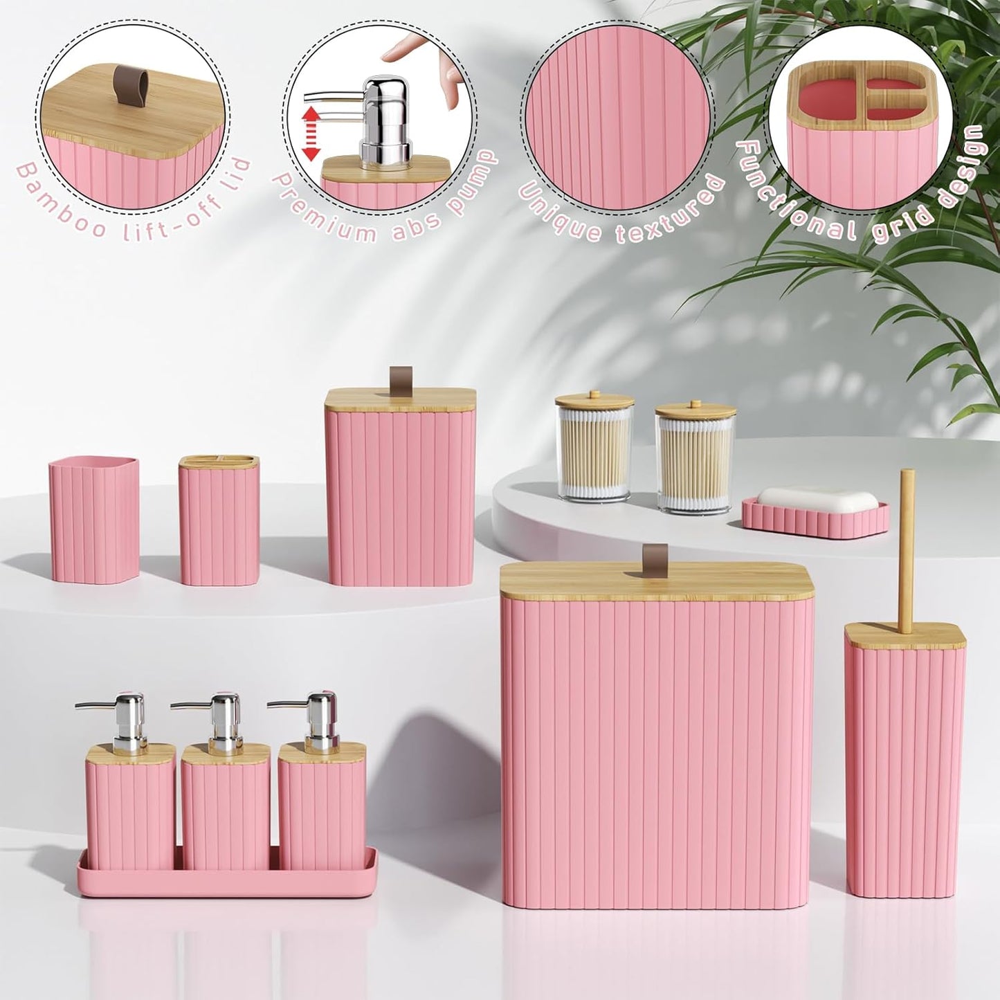 Bathroom Accessory Set - Pink Bathroom Set, 27PC Bathroom Accessories Set, Bathroom Sets with Shower Curtain and Rugs, Mini Trash Can, Toilet Brush, Trash Can & Soap Dispenser
