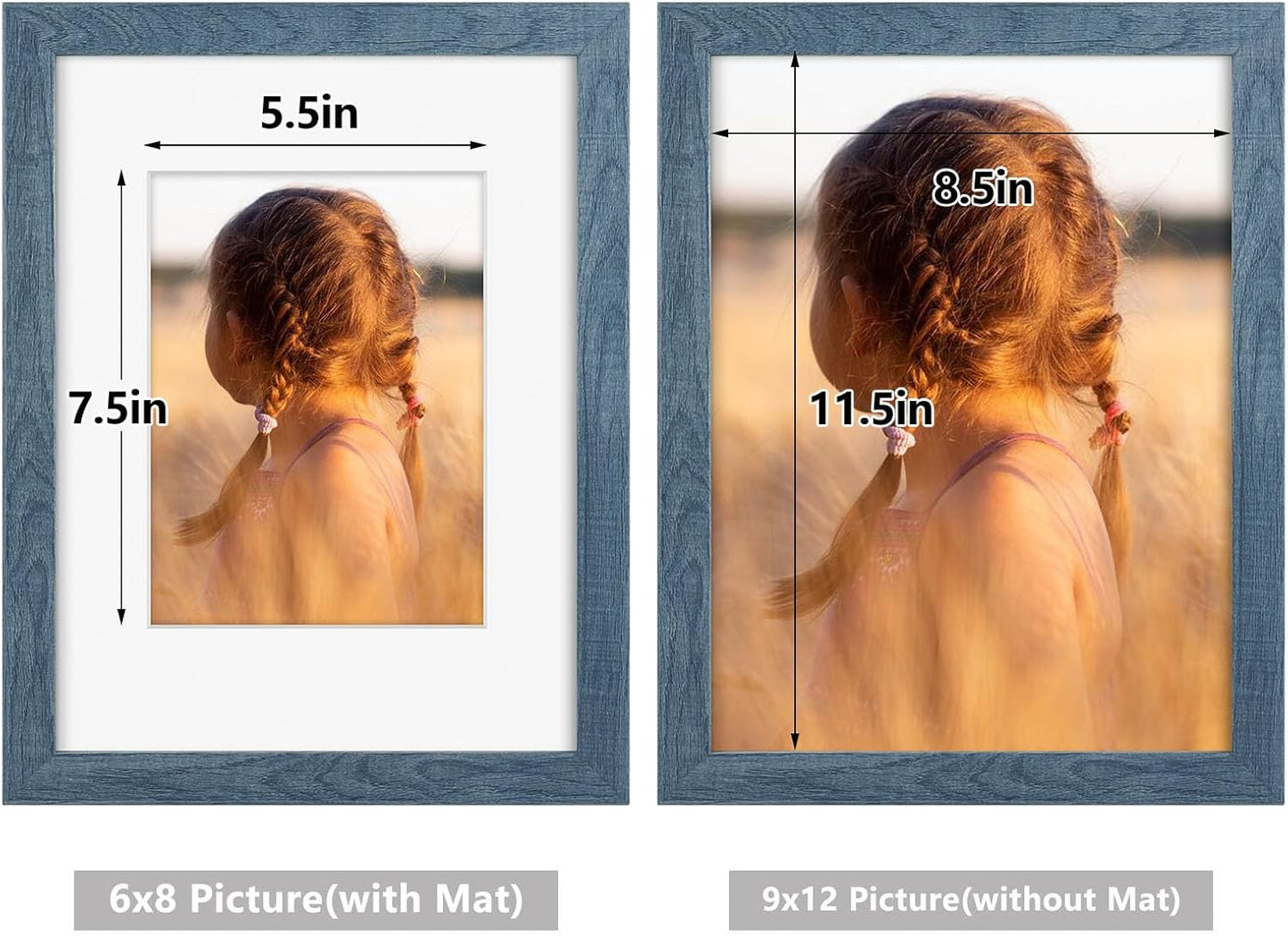 Golden State Art, 9x12 Picture Frame with Mat for 6x8 - High Definition Glass Wall Mounting Horizontal Vertical Display (Blue, 1 Pack)