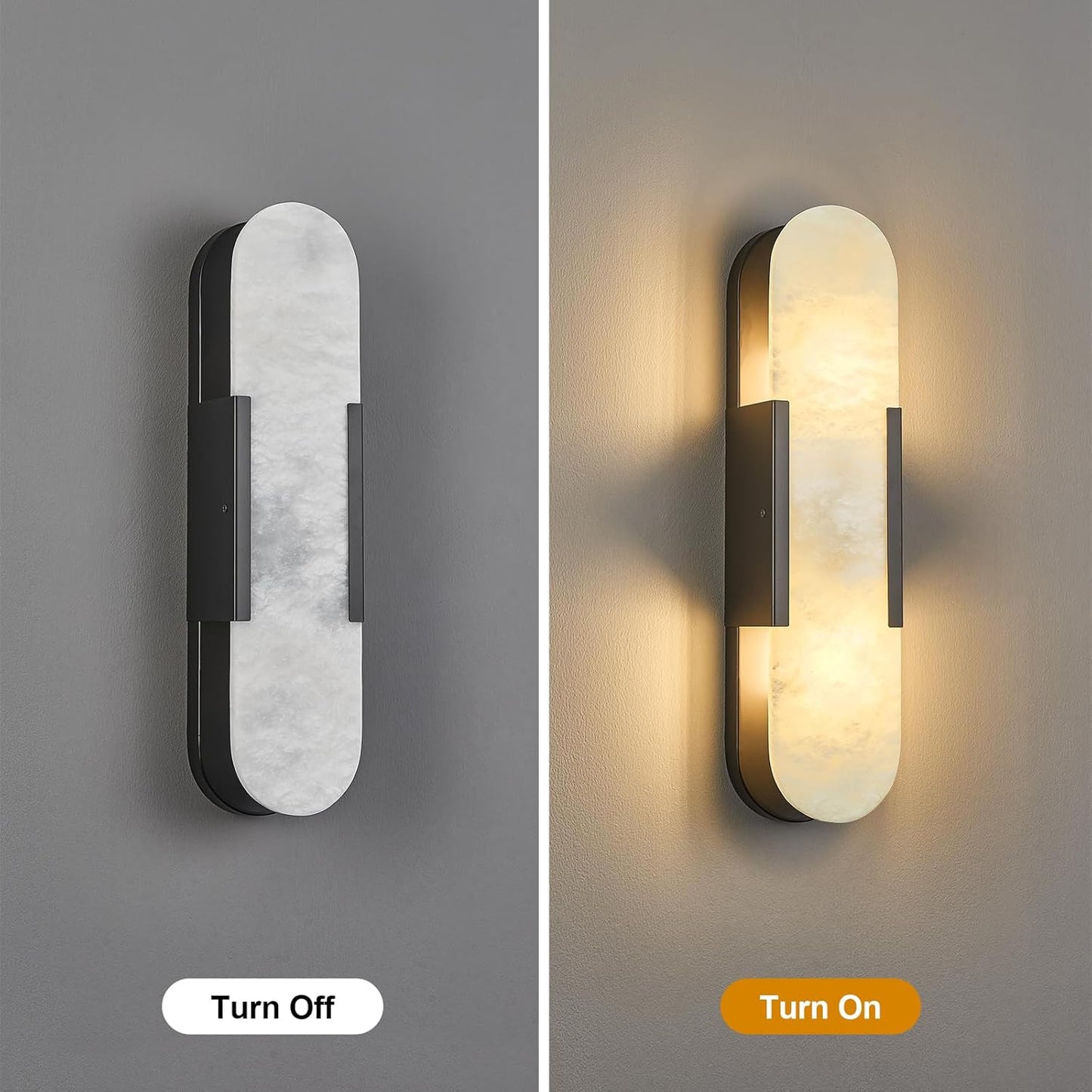 Alabaster Wall Sconces Set of Two, Modern Natural Marble Wall Sconces for Indoor Lighting, 19.7 in Black Wall Lights for Bathroom Dining Room Stairs Bedroom