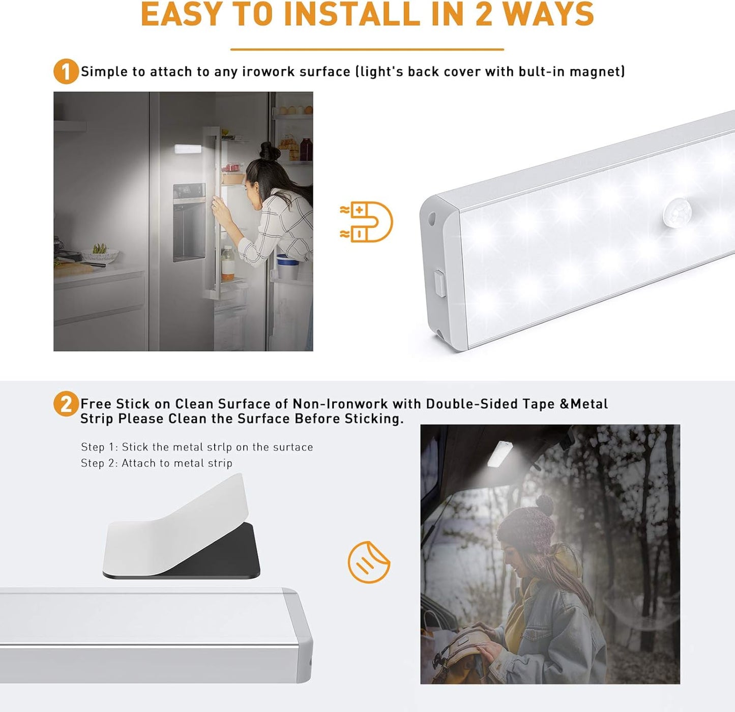LED Closet Light, 20LEDs Dimmer USB Rechargeable Motion Sensor Light Under Cabinet Lighting, Stick-Anywhere Night Safe Light Bar for Wardrobe,Kitchen-3 Pcs