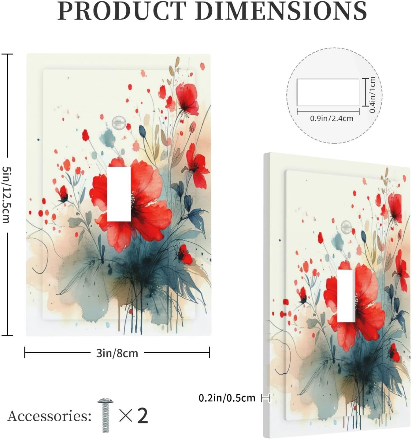 Vintage Floral Red Watercolor Modern Decorative Light Switch Cover 1 Gang Single Toggle Decorator Outlet Wall Plate Device Electrical Faceplate Switchplates for Bedroom Bathroom Decor