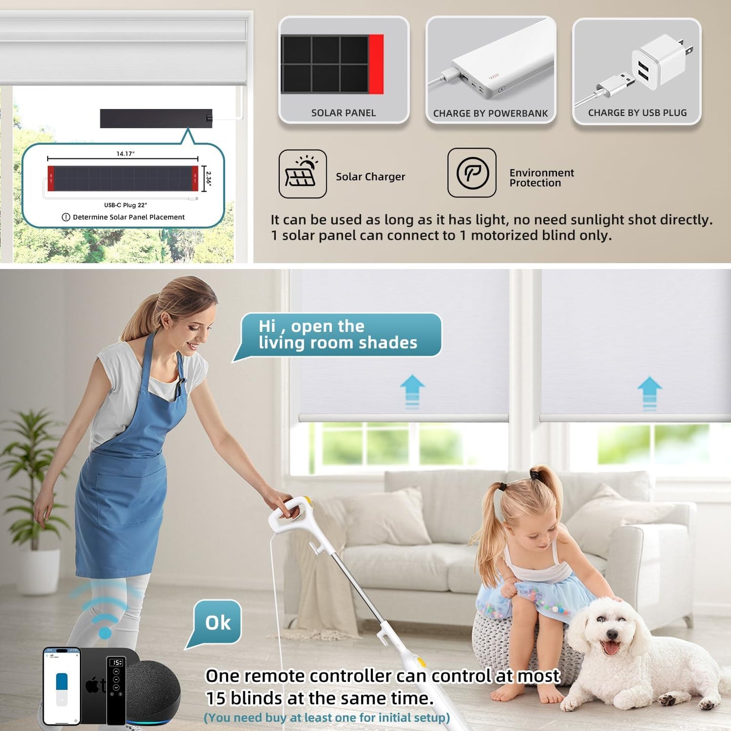 SmartWings Motorized 100% Blackout Shades Blinds, Custom Size, Cordless Window Shades with Rechargeable Battery, Work with Matter/Apple HomeKit, Alexa, Thread/Zigbee, Remote Optional, Essential White