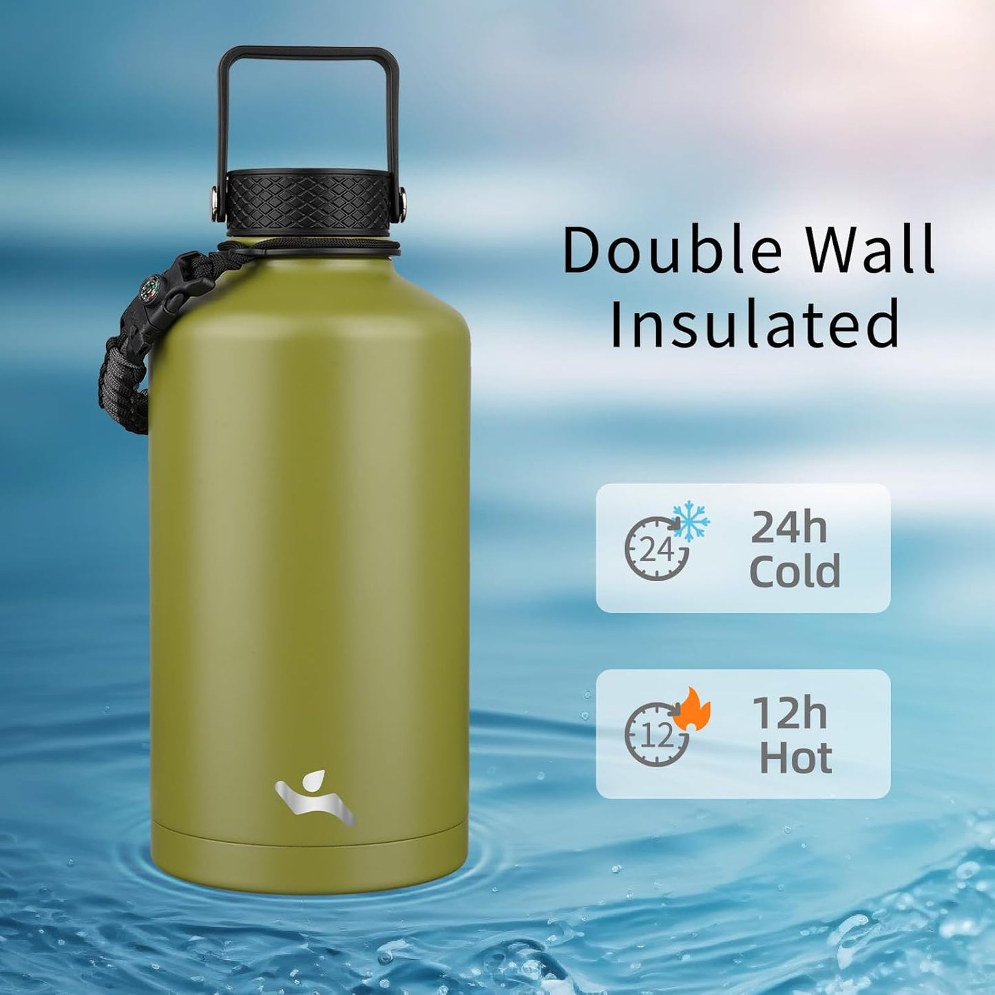 Insulated Water Bottle with Straw,87 oz 3 Lids Water Jug with Carrying Bag,Paracord Handle,Double Wall Vacuum Stainless Steel Metal Flask,Forest Green