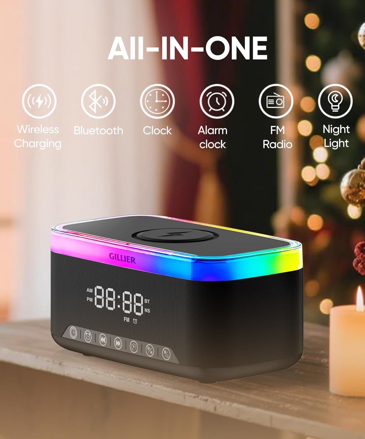 Wireless Charging Alarm Clock Radio for Bedrooms – 15W Fast Wireless Charger for iPhone/Samsung-Stereo Bluetooth Speaker with FM Radio, Dimmable Display, USB Port, Sleep Timer, Gifts for Christmas
