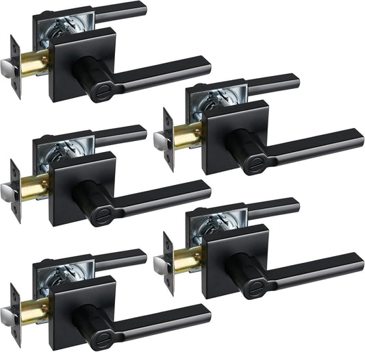 Privacy Door Lever, Heavy Duty Bathroom Bedroom Handle Lock, Keyless Interior Knobs, Matte Black, Reversible for Right&Left Handed, 5Packs