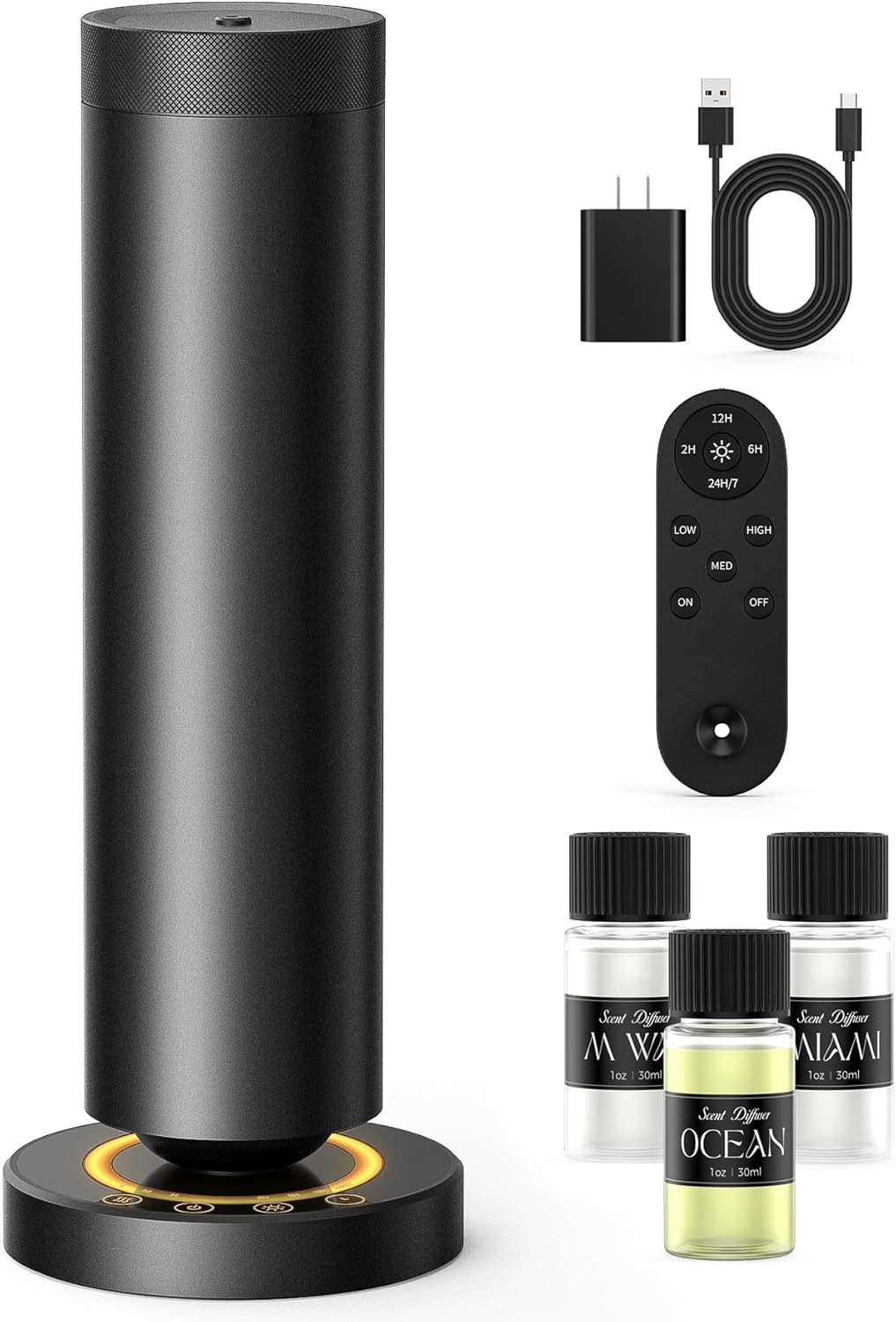 Waterless Diffuser with 90ML Essential Oils, Covers 1000 Sq Ft, Diffusers for Home Hotel, Adjustable Mist & Timer, Scent Diffuser Starter Kit with Night Light, Corded Electric,Black