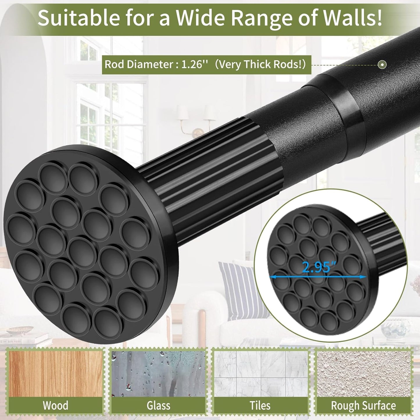 Tension Shower Curtain Rod 51-86In(4.25-7.16Ft), Tension Shower Rod No Drilling for Bathroom or Window Closet, Adjustable Spring Shower Rod, Easy to Install Never Rust, Rod Diameter 1.26Inch-Black