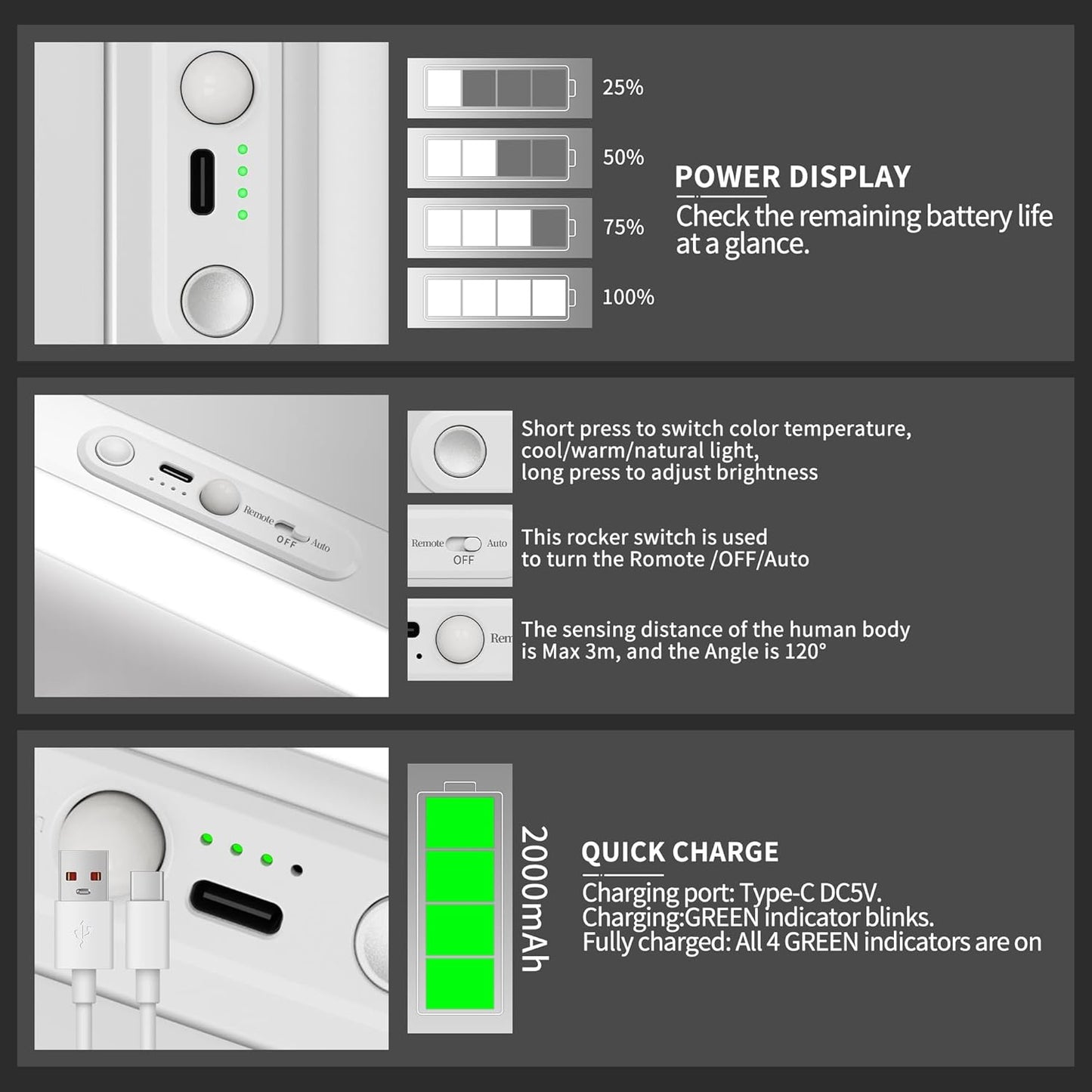 60 LED Under Cabinet Lighting Wireless with Remote and Motion Sensor Indoor,2000 mAh Rechargeable Closet Lights with 3 CCT and Dimmable,Under Counter Light for Kitchen,Stairways(2 Pack,12inch)