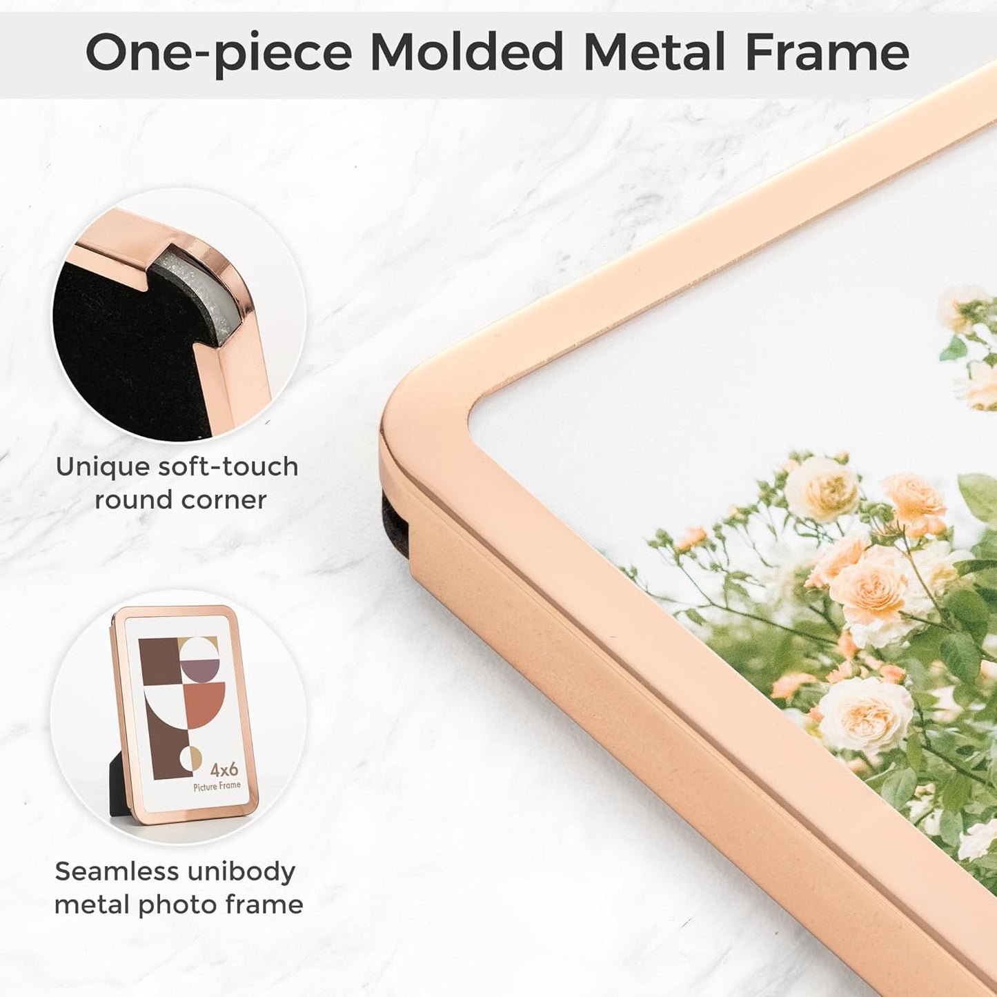 Axeman 5x7 Picture Frame-Metal Rounded Corner Frame 5x7, 5''x7''Photo Frame with Tempered Glass,Tabletop and Wall Display, One-Piece 5 By 7 Metal Picture Frame for images, Rose Gold