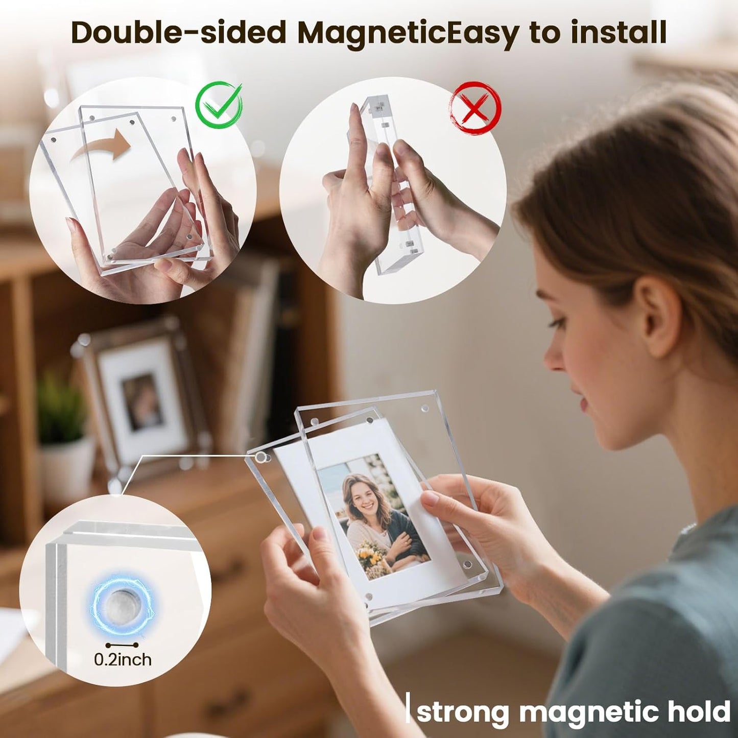 JOHOUSE 5 Pack 4 x 6 Acrylic Picture Frames, Double Sided Magnetic Photo Frames Self Standing Frameless Transparent for Desktop Display Gifts for Women