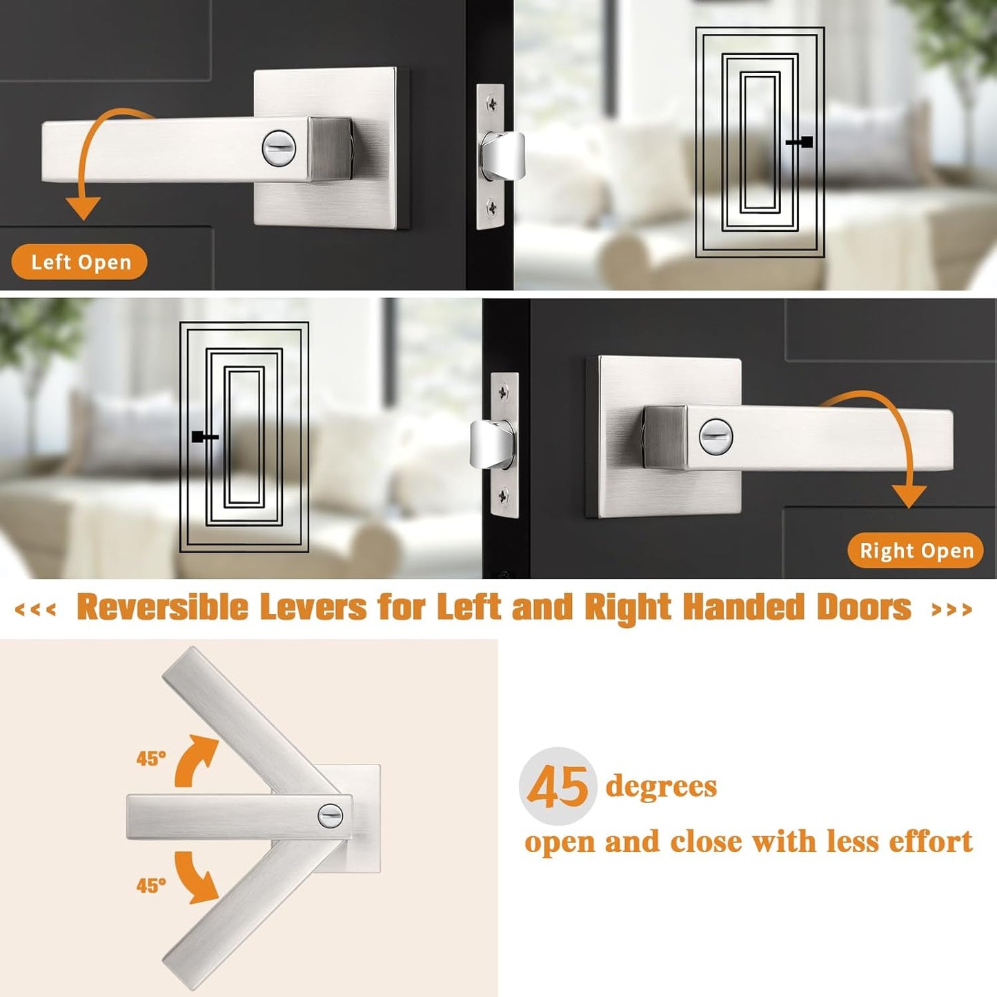 Probrico Interior Brushed Nickel Door Handle, Heavy Duty, Flat Square Privacy Door Handles, Keyless Door Levers Lockset for Bedroom and Bathroom (10 Pack, Modern)