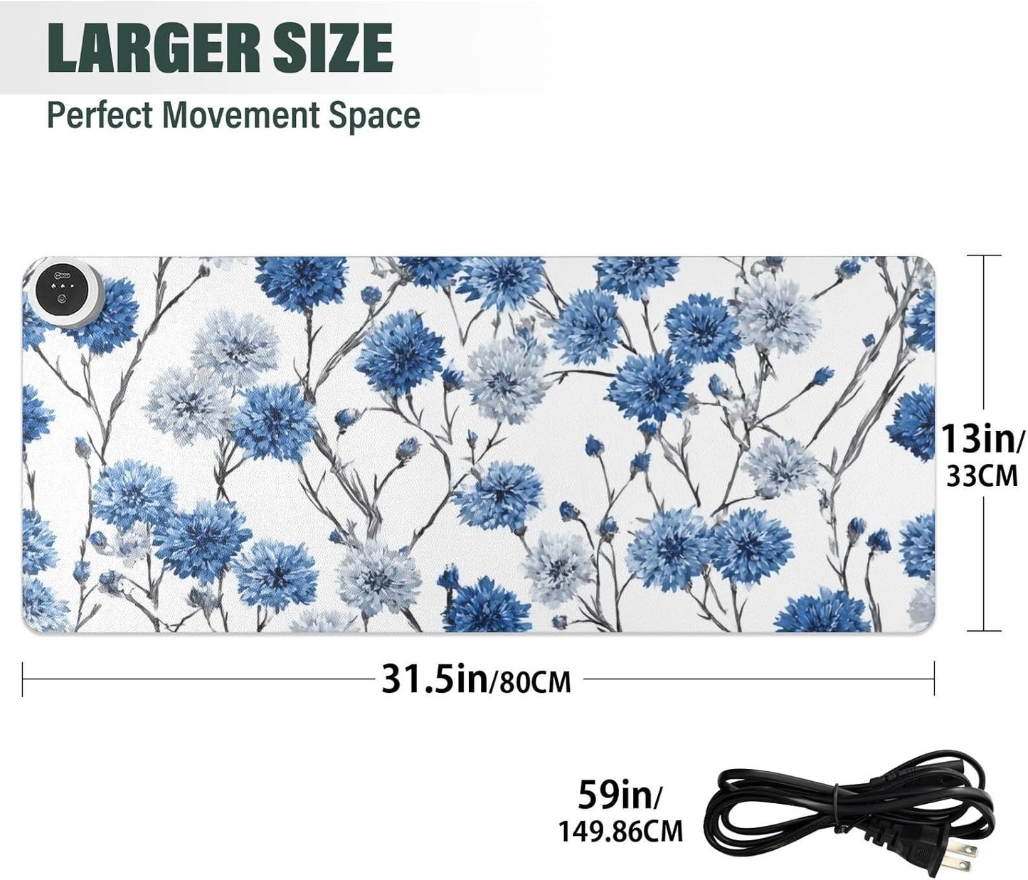 Heated Desk Pad Mouse Pad 31.5x13 Inch PU Leather Desk Mat with 3 Heat Levels Large Mouse Gaming Computer Laptop Mat Washable Chinese Style Cornflower