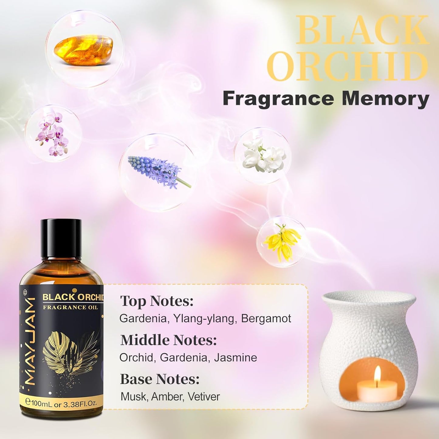MAYJAM 100ML/3.38FL.OZ Black Orchid Fragrance Oils with Glass Dropper, Essential Oils for Diffusers for Home, Long Lasting Scented Oils for Diffusers Soap Candle Making