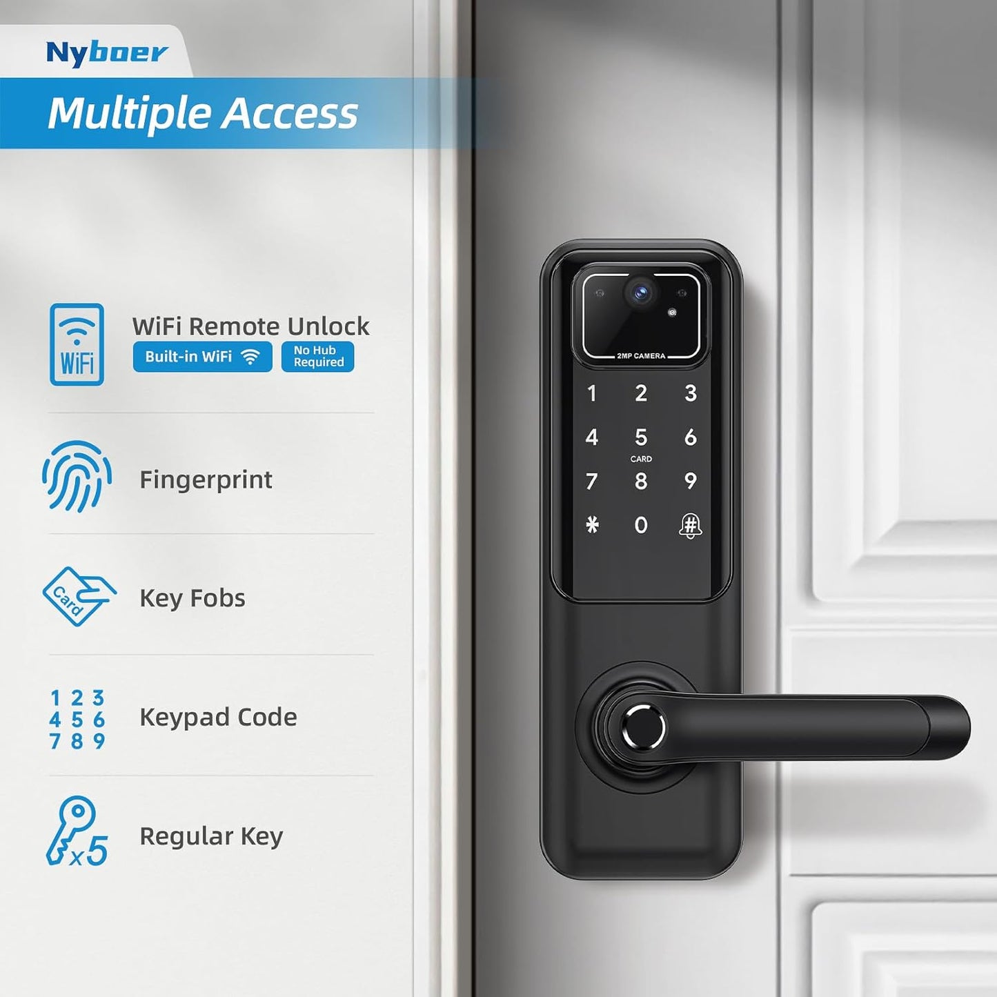 WiFi Video Smart Door Lock with Camera & Doorbell, Keyless Entry Fingerprint Lock with Handle for Front Door, Nyboer Keypad Electronic Digital with Rechargeable Lithium Battery, Easy Installation