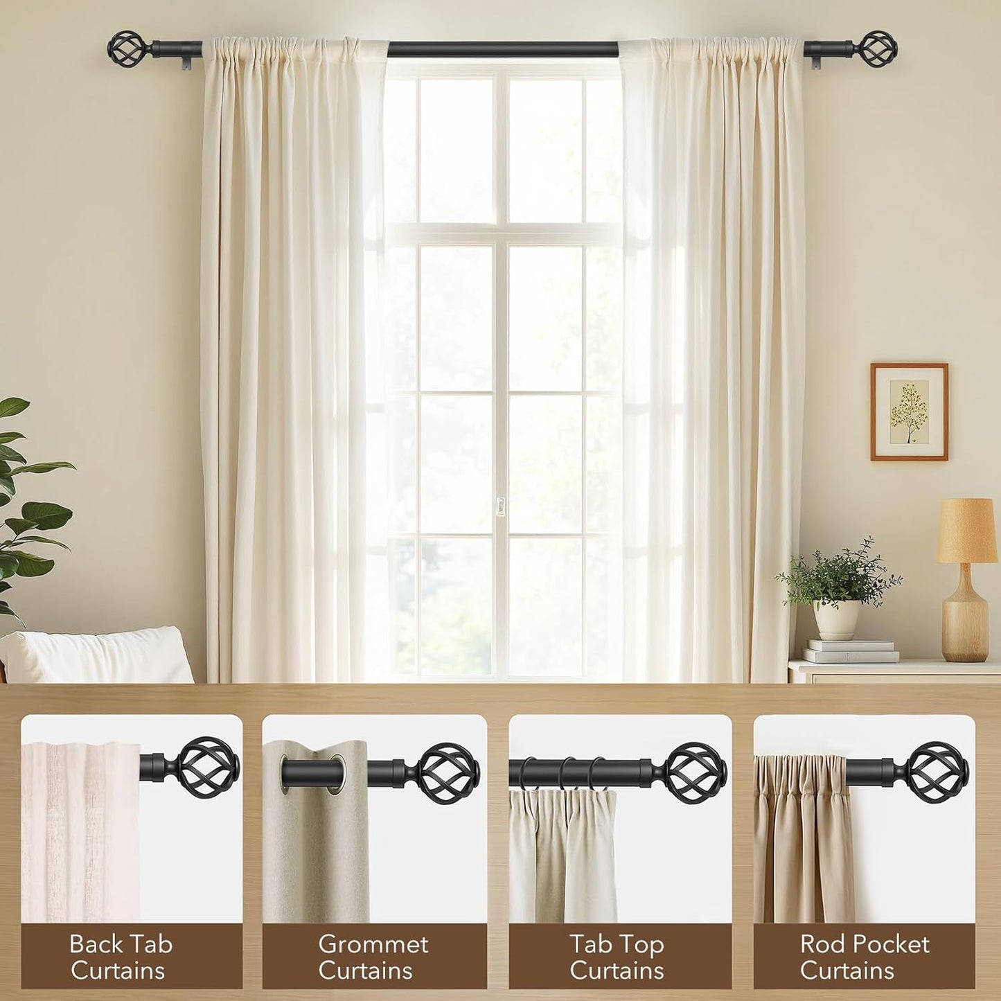 Curtain Rods for Windows 72 to 144, 1 Inch Adjustable Decorative Long Black Curtain Rod with Twisted Cage End, Modern Heavy Duty Outdoor Drapery Rods for Patio, Telescoping Splicing, Size 32" - 150"