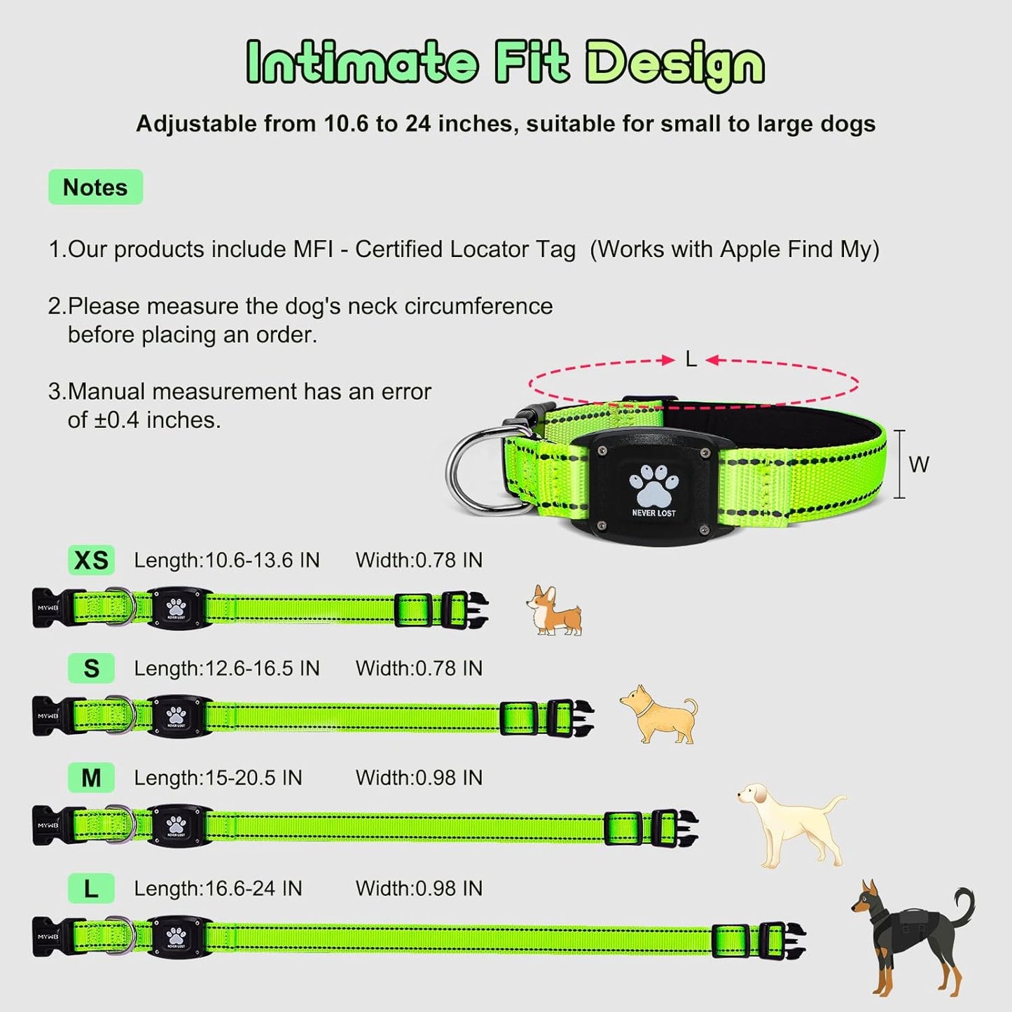 GPS Dog Collar Tracker 2-in-1,Reflective Waterproof Pet Collar,iOS-Only,No Monthly Fees,Unlimited Range,Ideal for Dog Tracking pet Tracker,for Small Medium Large Dogs(L (16.6"-24"), Green)