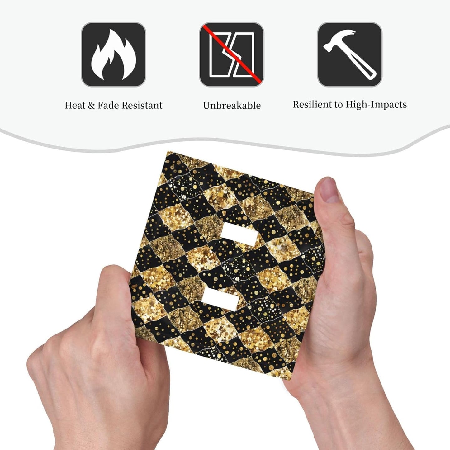 Gold Black Marble Geometric Plaid Glitter Decorative Switch Plates 2 Gang Double Toggle Outlet Light Switch Cover Wall Plate Electrical Faceplate for Bedroom Bathroom Decor
