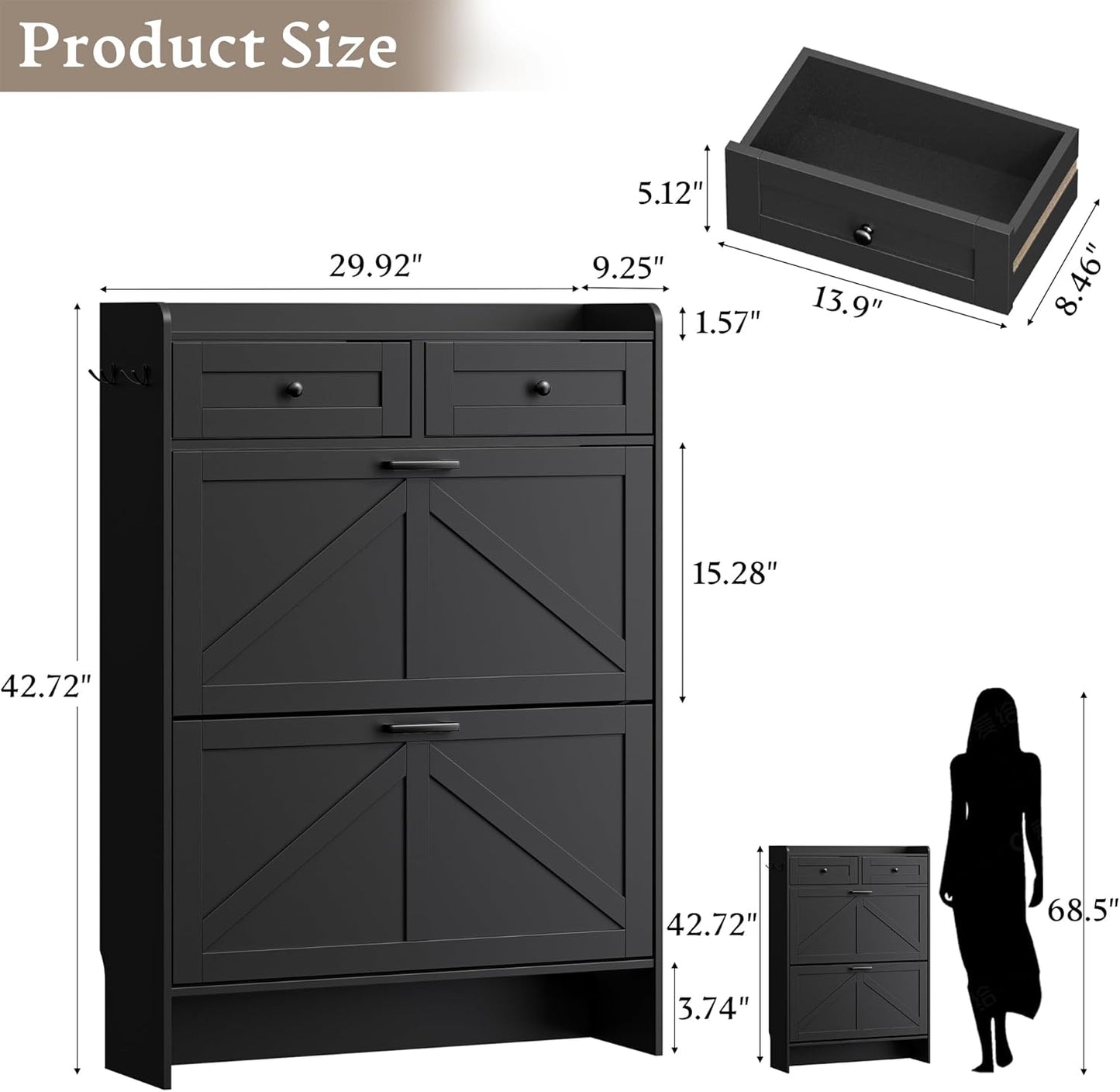 Shoe Storage Cabinet for Entryway, Farmhouse Narrow Shoe Cabinet with 2 Flip Drawers & Top Drawers, Adjustable Shelves & Hooks, Freestanding Hidden Rack Organizer for Hallway, Foyer