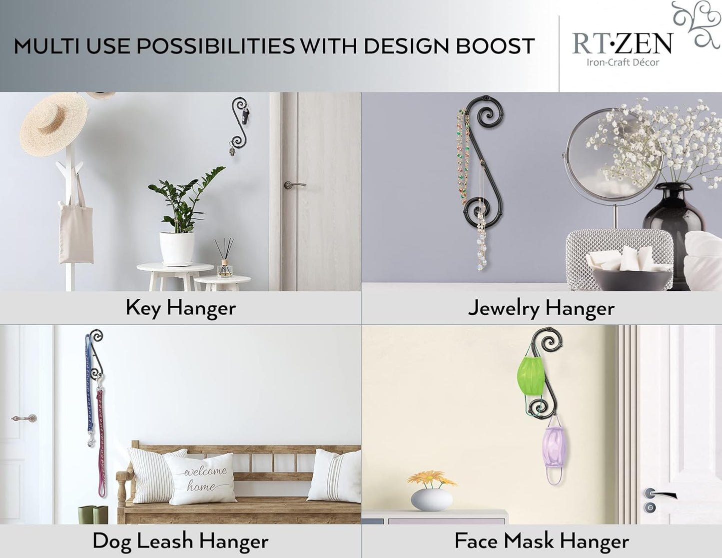 RTZEN Farmhouse Small Key Holder for Wall - Handcrafted Swirl Decorative 5 Key Hooks for Home Entryway - Wrought Iron Wall Mount Rack Purse Coat and Leash Holder or Organizer (Vertical Black)