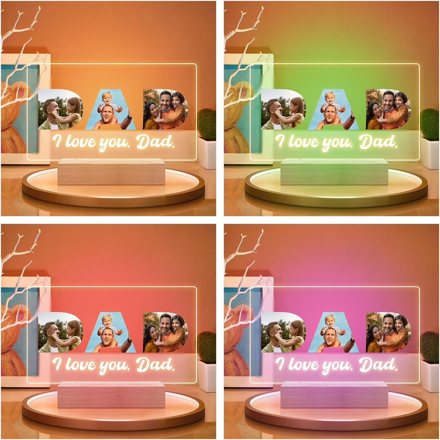 Custom Dad Picture Frame with Photo, Personalized Photo Frame with Night Light, Customized Picture Frames, Personalized Valentines Day Gifts for Dad from Daughter & Son