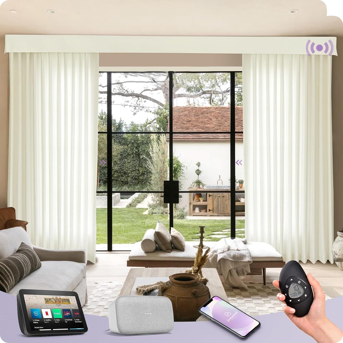 Graywind Hardwired Smart Curtains Compatible with Alexa Google Remote Control Motorized Drape for Sliding Door One-Way or Split Draw, Custom Width to 220" (Mose)
