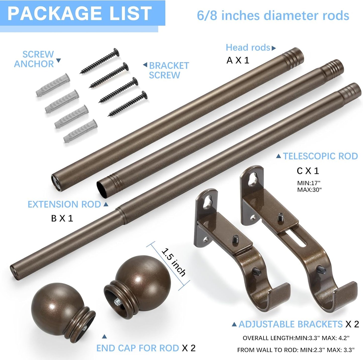 Curtain Rods for Windows 16 to 48 Inches, Curtain Rod Max Adjustable Length of 60 IN, 6/8" Diameter Drapery Rods Round Finials, Brown, Pack of 2