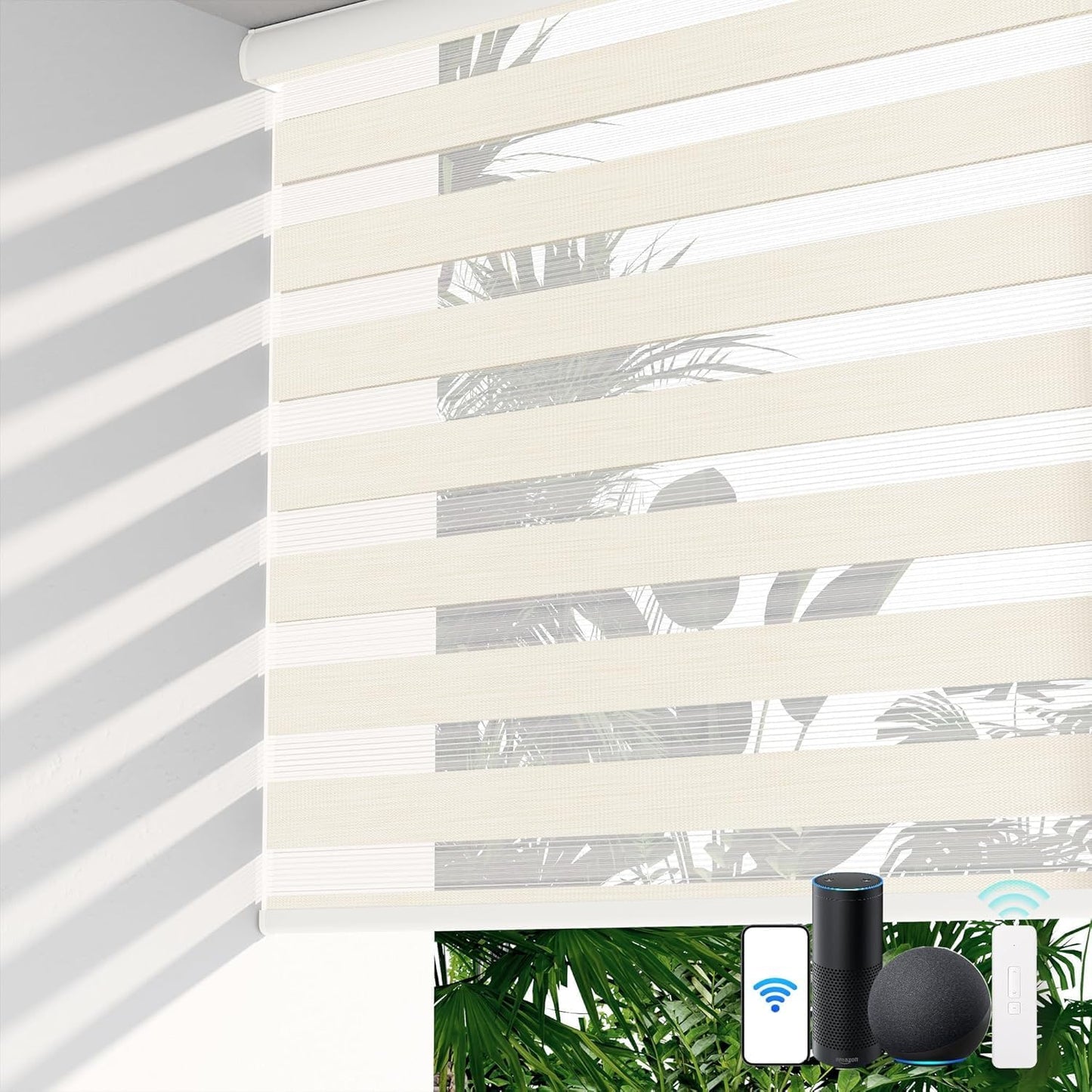 LazBlinds Motorized Zebra Roller Shades, Rechargeable Smart Blinds with Remote Control, Custom Size Light Filtering Dual Layer Roller Sheer Shades, Off-White Linen