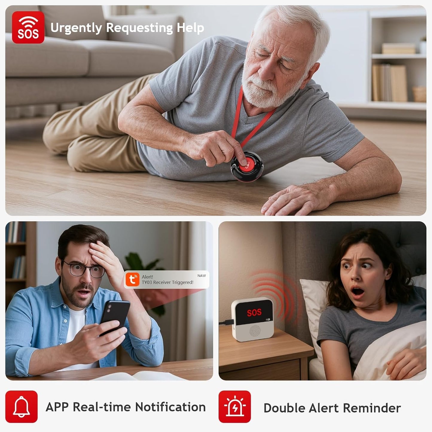 WiFi Caregiver Pager System Wireless Call Button Life Alert Systems Call Bell Fast Help Panic Button for Elderly Patient Seniors Disabled 2 Emergency Button 2 Receiver (only Supports 2.4GHz Wi-Fi)