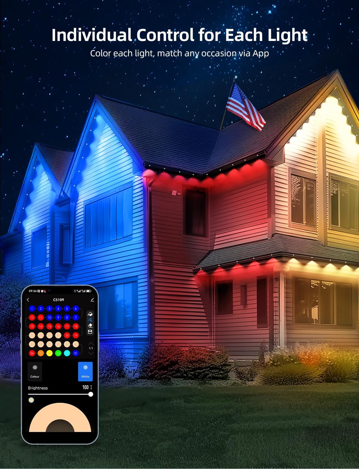 APPECK Permanent Outdoor Lights 100ft with 72 LEDs, 111 Scene Modes, Smart RGBW Lights with 40lm Warm White, App & Remote Control for Christmas, Halloween, Works with Alexa, Google Assistant, White