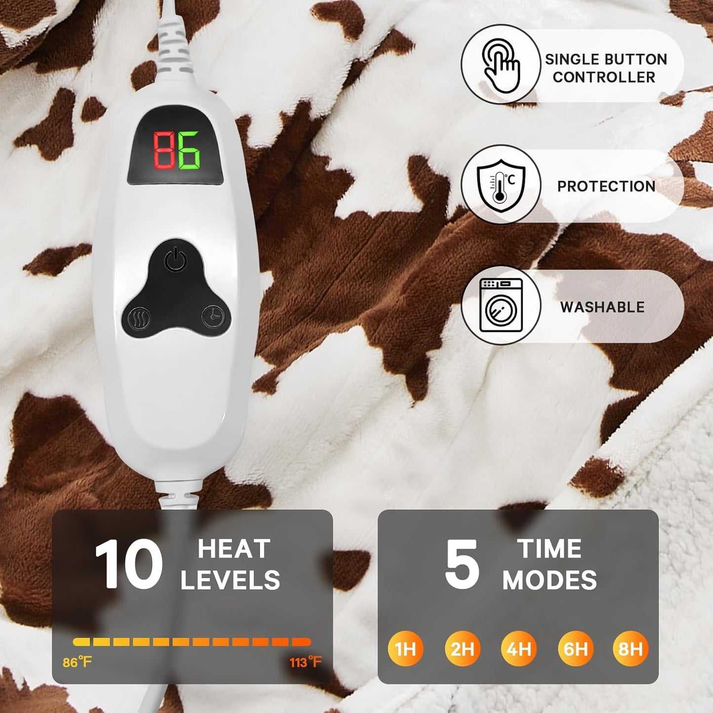 Cow Print Heated Electric Blanket Twin Size,62X84 Brown Heating Blanket with 10 Heats Levels & 8 Hours Auto Off,Highland Cow Fleece Sherpa Blankets Warmer Gifts for Women Adults Couch,Washable