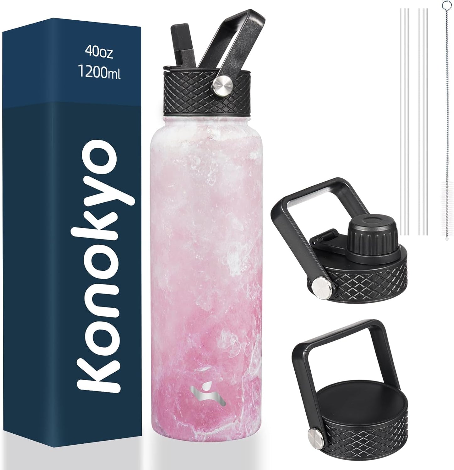 40oz Insulated Water Bottle Stainless Steel Sport Bottles with 3 Lids,Marble Blossom