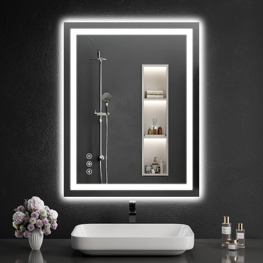 LED Bathroom Mirrors 28"x36" Bathroom Mirror with Lights for Wall, Backlit + Front Lit, 3 Colors, Anti-Fog, Dimmable Brightness for Vanity,Bathroom, Entryway, Living Room