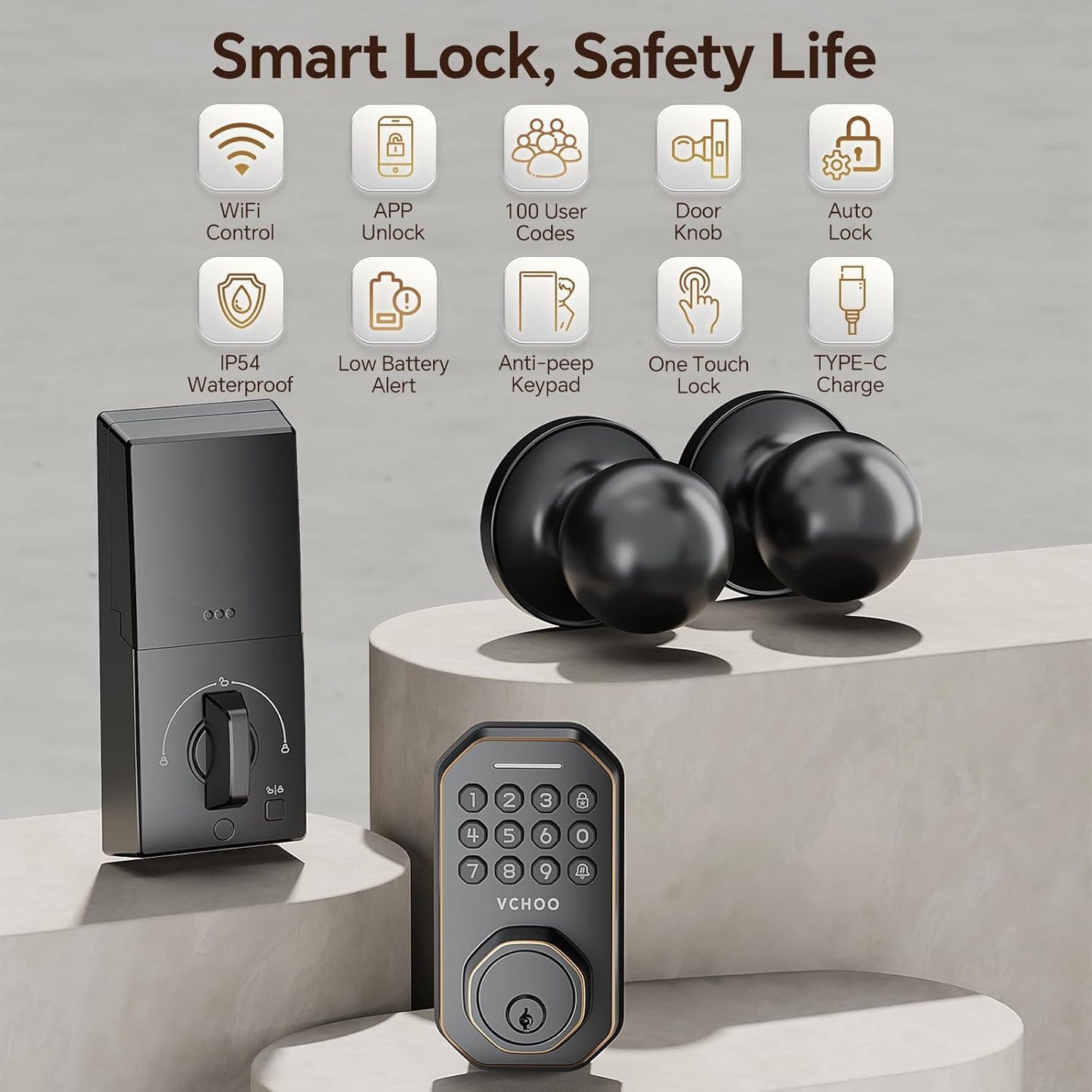 Keyless Entry Door Lock with 2 Knobs App Control Smart Locks for Front Door WiFi Door Lock Set Automatic Lock One Time Password Anti Peeping Password IP54, Bronze