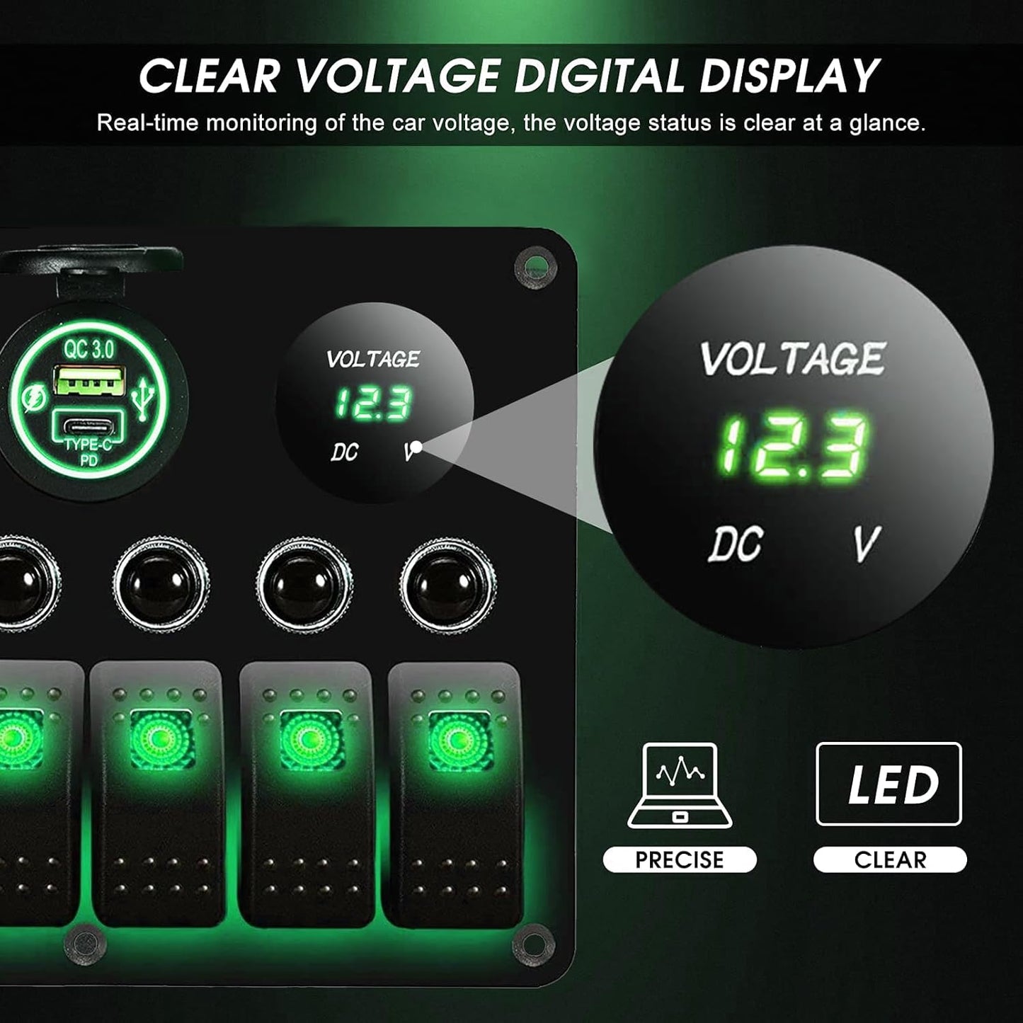 MKING 6 Gang Marine Switch Panel - Waterproof Rocker Switches with USB & Type-C Charger, Circuit Breaker, Digital Voltmeter, and Power Socket, Compatible with 12V-24V Vehicles