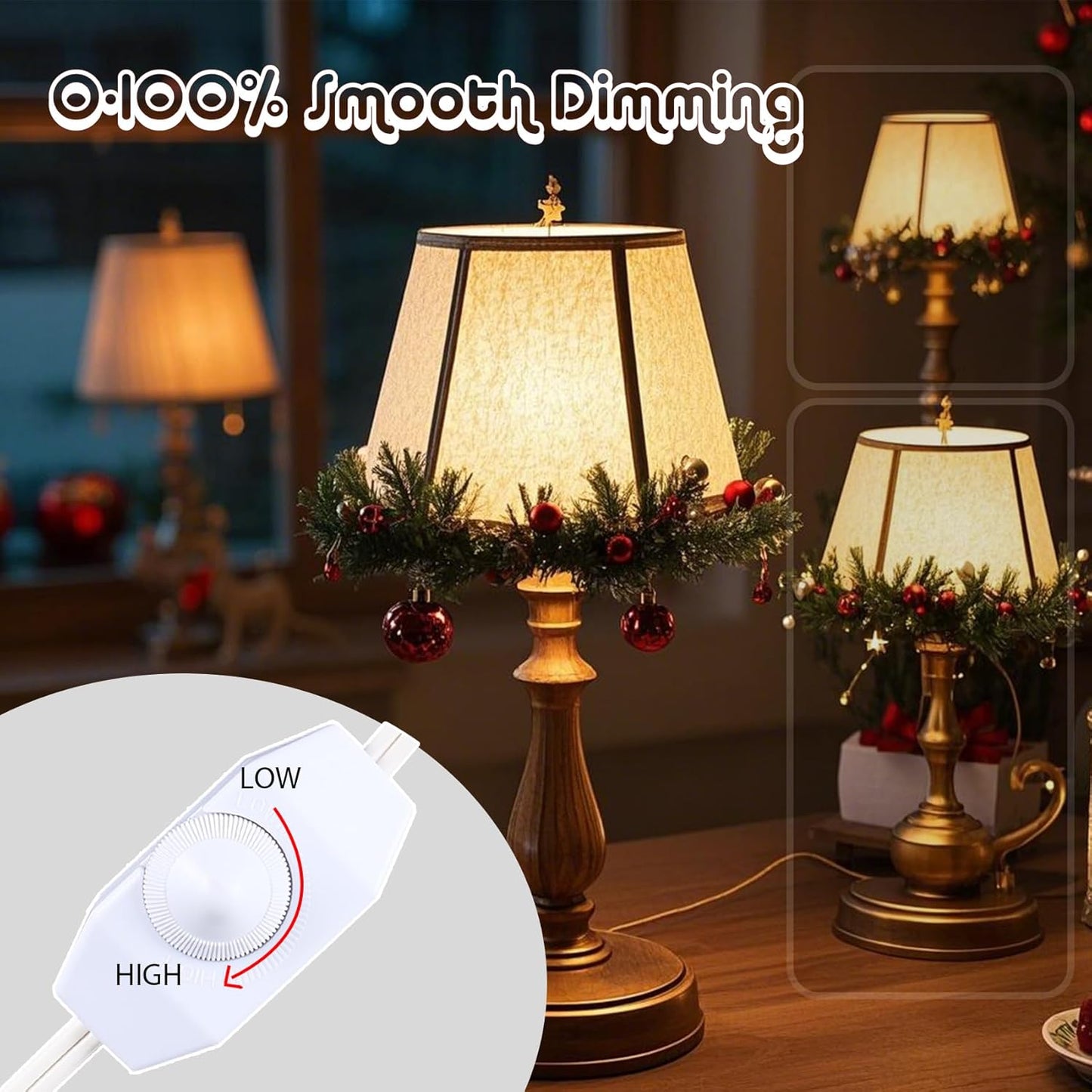 Dimmer Light Switch, 6FT Rotary Control for 120V 100W - Outdoor String Lights Dimmable Lights Dimming Thermostat Reptile - White Pack of 1