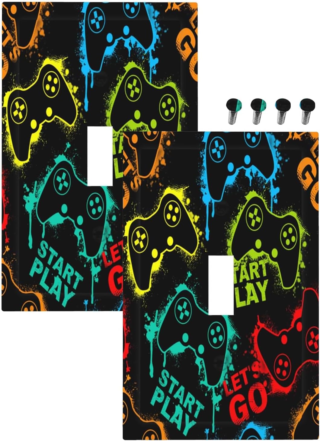Decorative Light Switch Plate Covers Gamepad Theme Graffiti 1 Gang Light Switch Cover Plate Single Toggle Wall Plate Outlet Covers Faceplate for Game Room Bedroom Decor （2 Pack）
