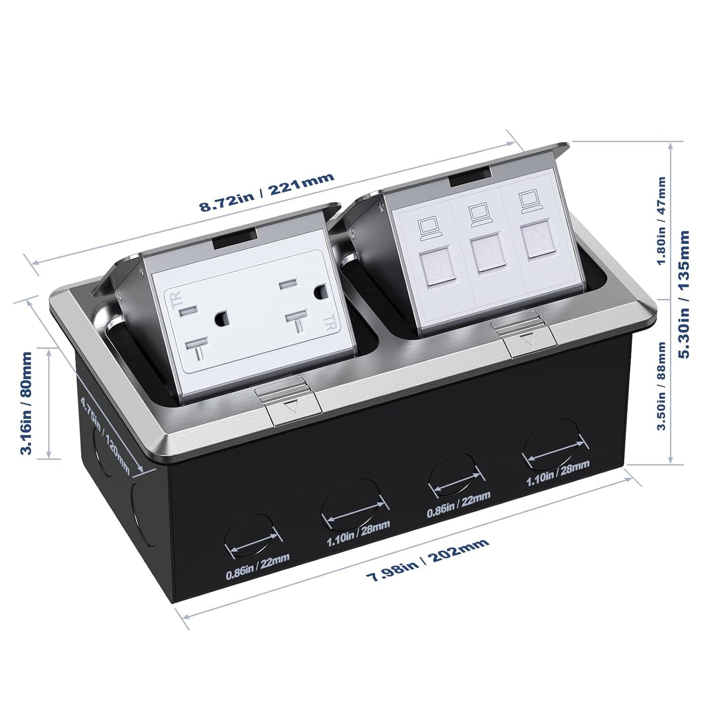 KYHSHJ Dual Pop-Up Floor Electrical Outlet Box Kit，20 Amp Stainless Steel TR Tamper-Resistant Duplex Receptacle，3-Port RJ45 Datacom Receptacle，Silver