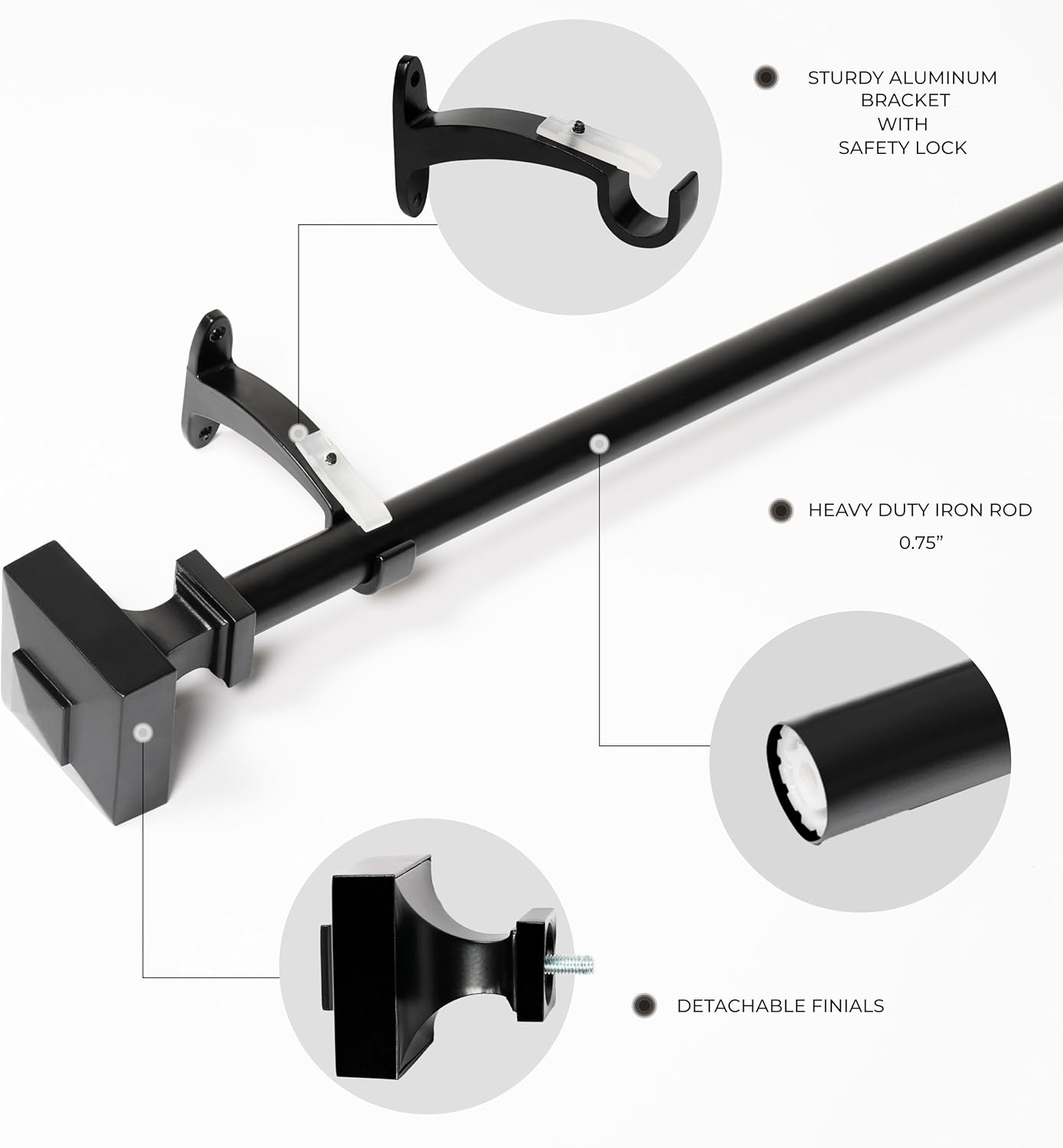 Deco Window Adjustable Curtain Rod for Windows 18 to 44 Inch Extendable Heavy Duty 3/4 Inch Iron Drapery Pole with Square Finials Wall Mounted French Door Curtain Rods (Pack of 1, Black)