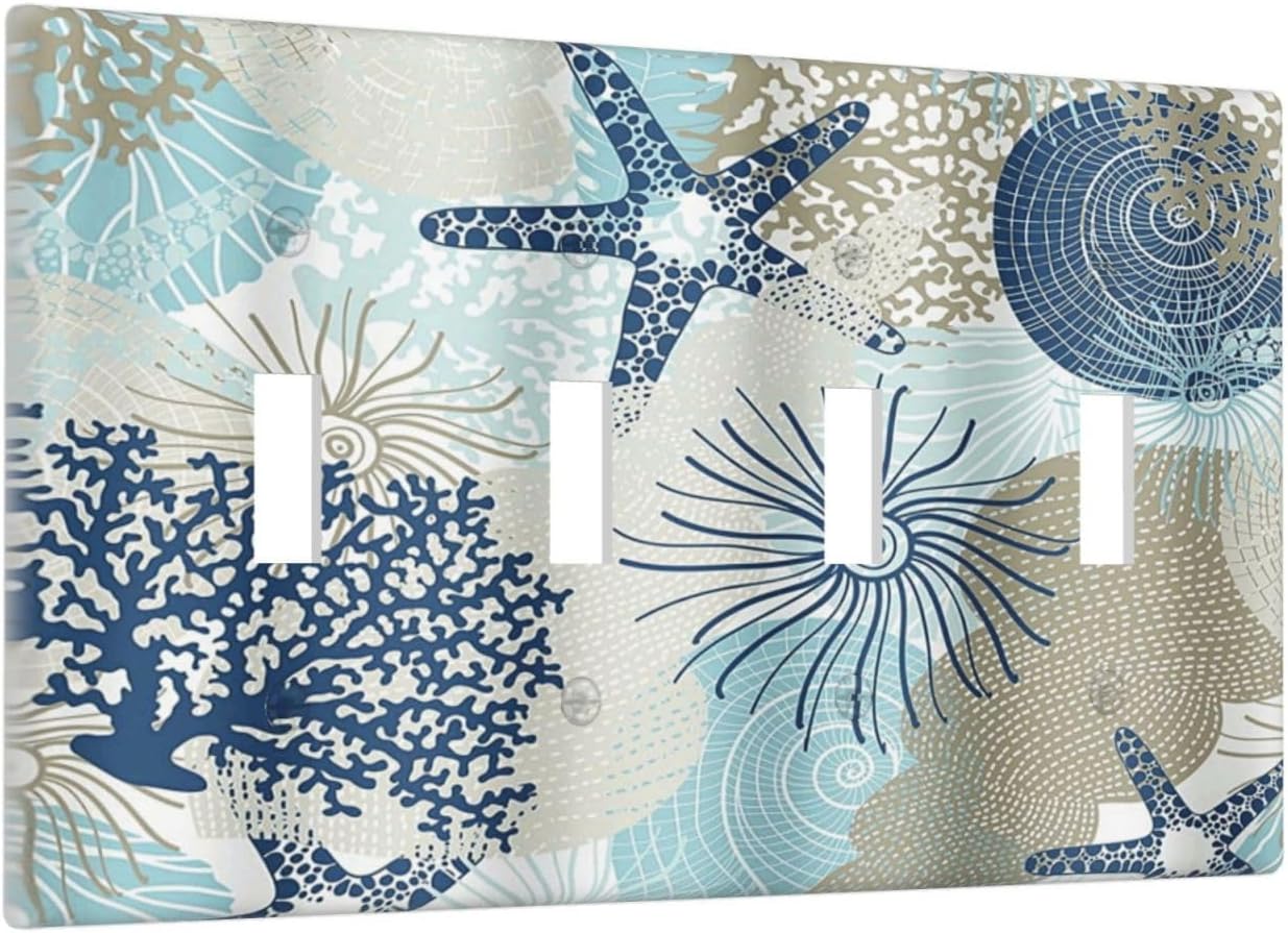 Decorative Light Switch Cover Plate Blue Starfish Brown Coral Ocean 4 Gang Wall Plates for Electrical Outlets Quad Toggle Switch Plate Covers Outlet Covers Faceplate for Girlroom Home Decor