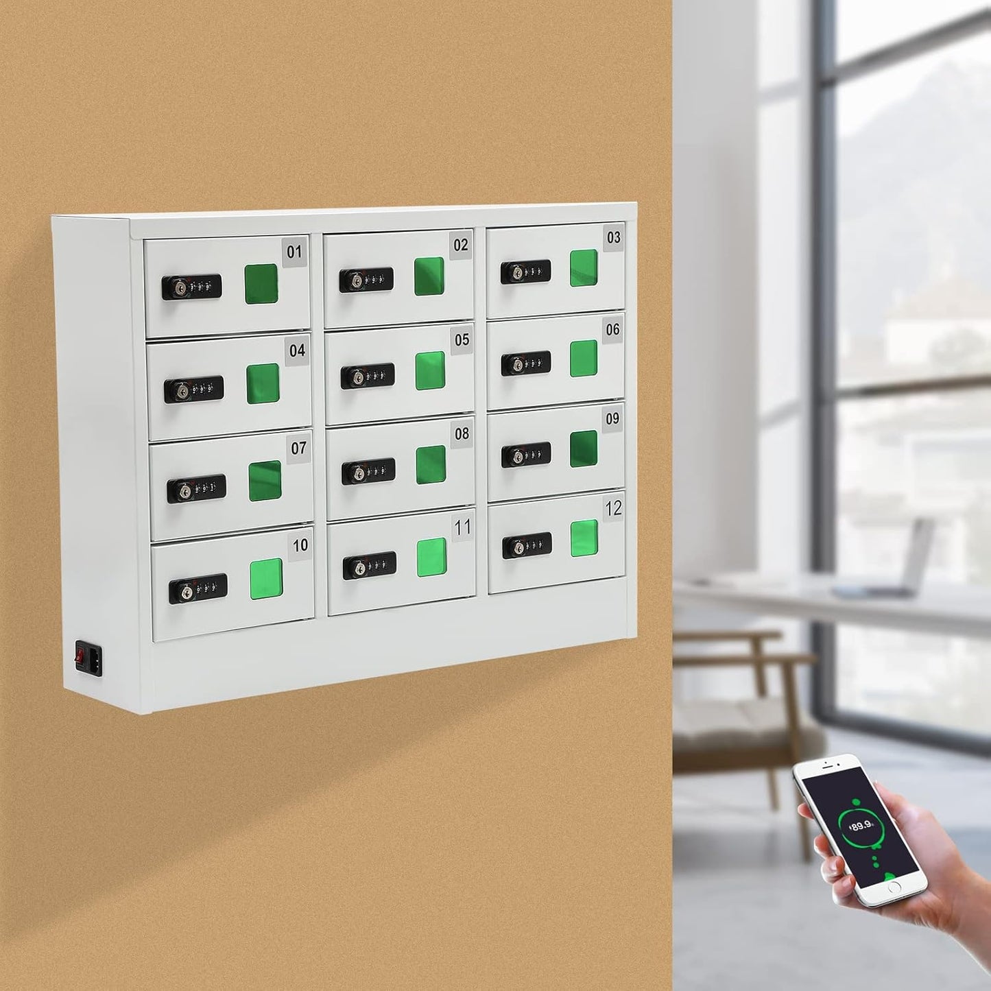 12 Slots Cell Mobile Phone Steel Locker with Combination Lock, Cellphone Charging Station with 3 in 1 Charging Ports for Most Phones, Cellphone Locker for Schools, Conference Rooms, and Offices