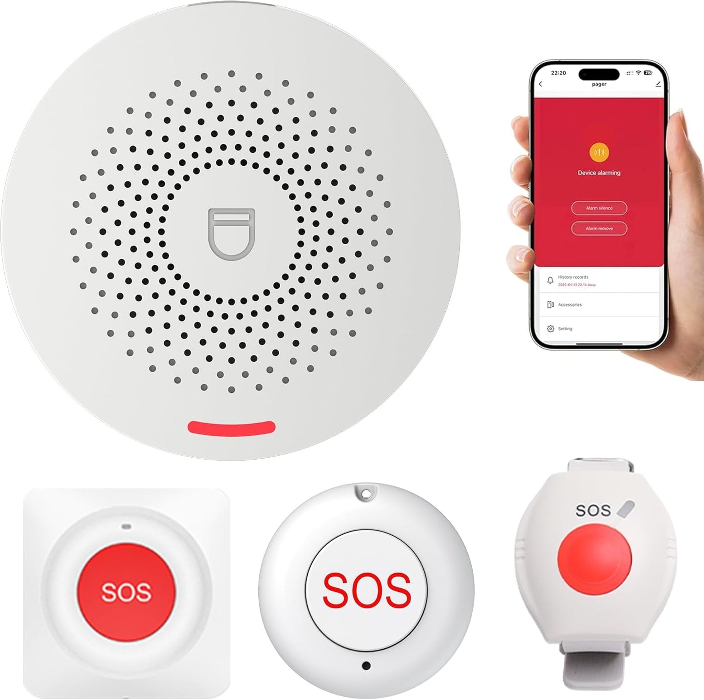 XUK WiFi SOS Caregiver Pager Call Button for Elderly, No Monthly Fee 2.4GHz Wi-Fi APP Control Wireless Nursing Call System with 1 SOS Call Panic Buttons & 1 Watch Pagers & 1 Square Pull Cord Pagers