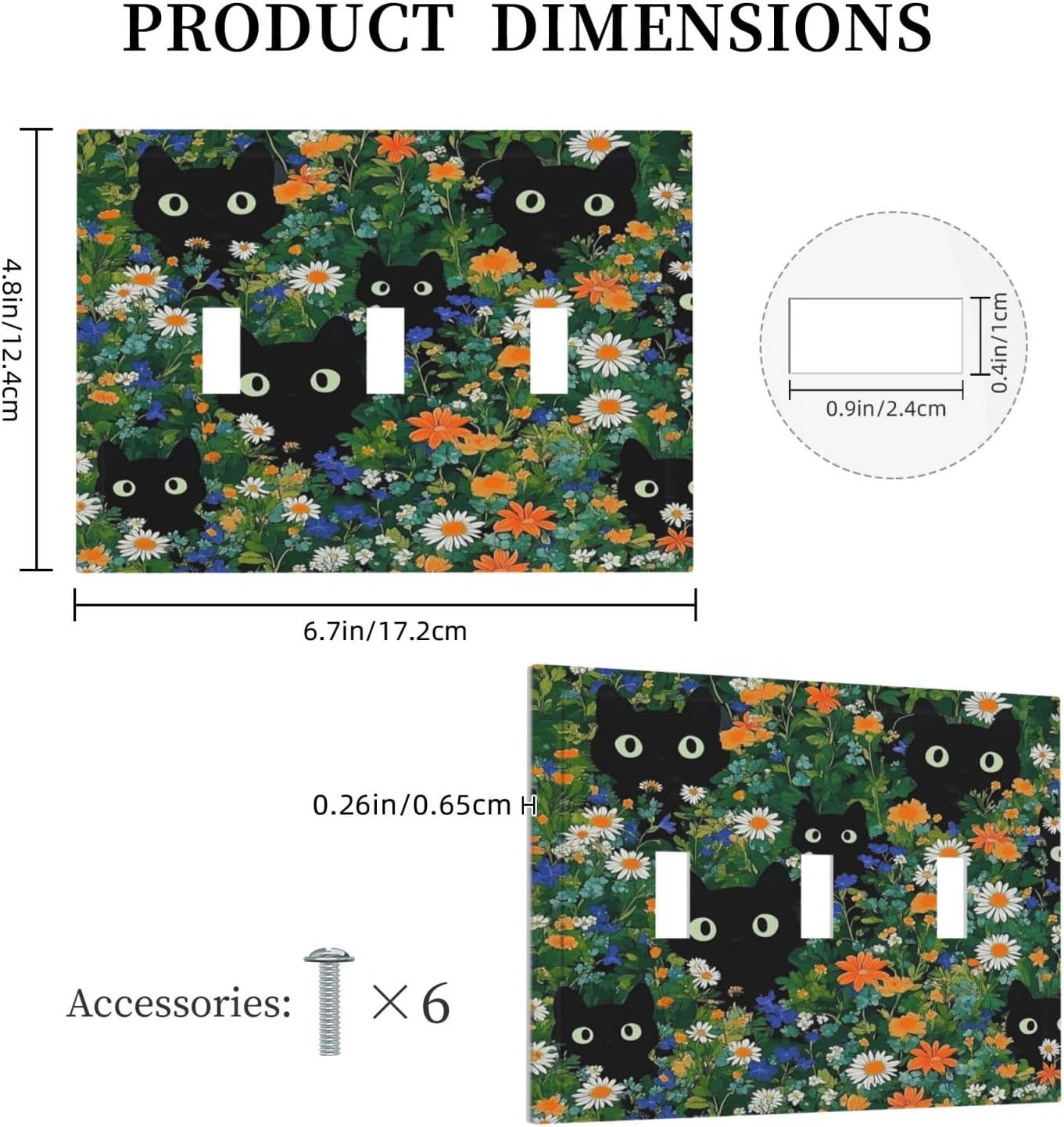 Boho Funny Black Cute Cats Daisy Wildflower Decorative Switch Plates 3 Gang Wall Plate Triple Toggle Light Switch Cover Faceplate Electrical Wall Panels For Kids Room Bed Room Decor