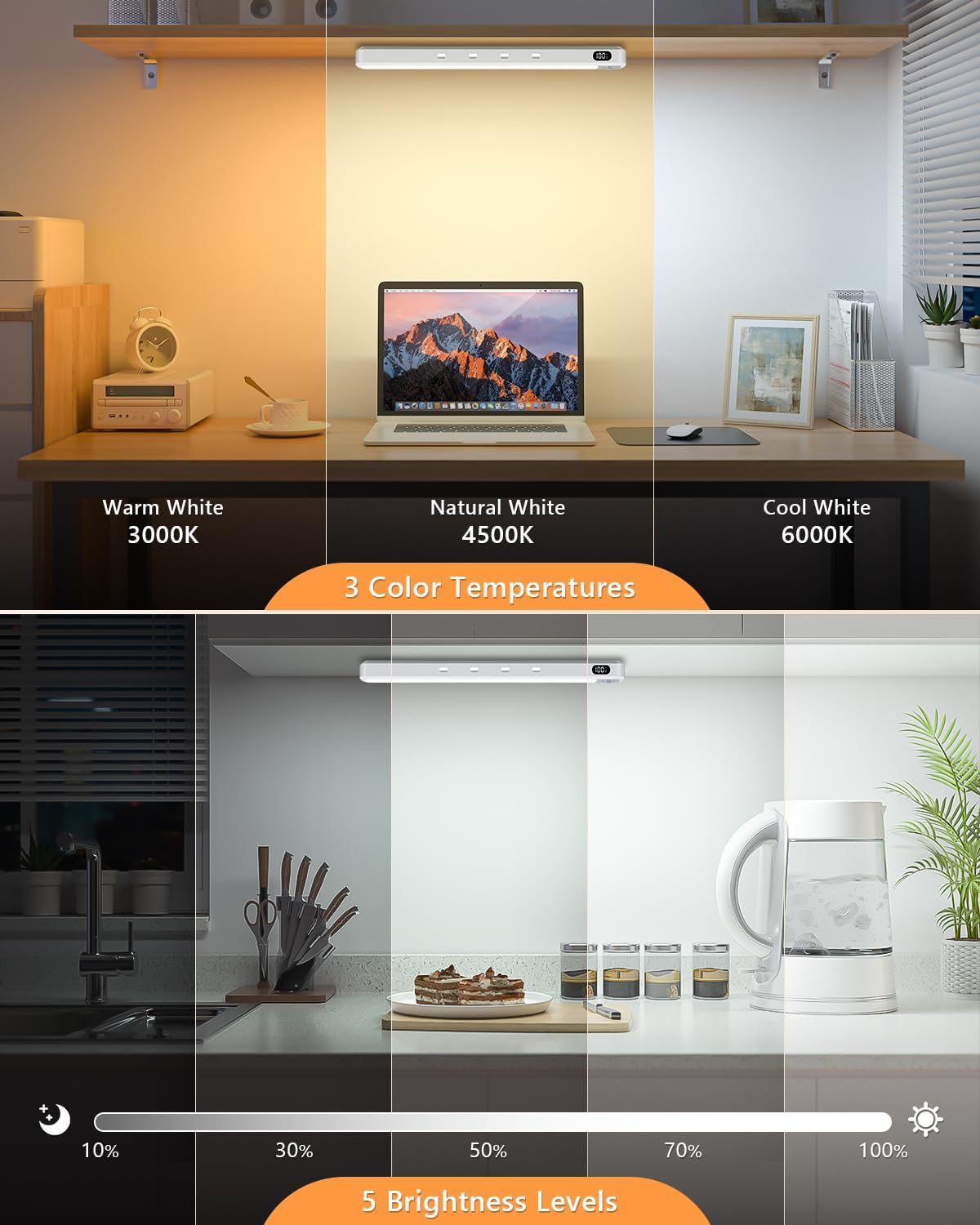 WILLED Under Cabinet & Closet Lights, Motion Sensor, Rechargeable, Magnetic, 3 Color Temps, Dimmable LED Light Bar for Indoor Kitchen Counter (4 Pack, White)