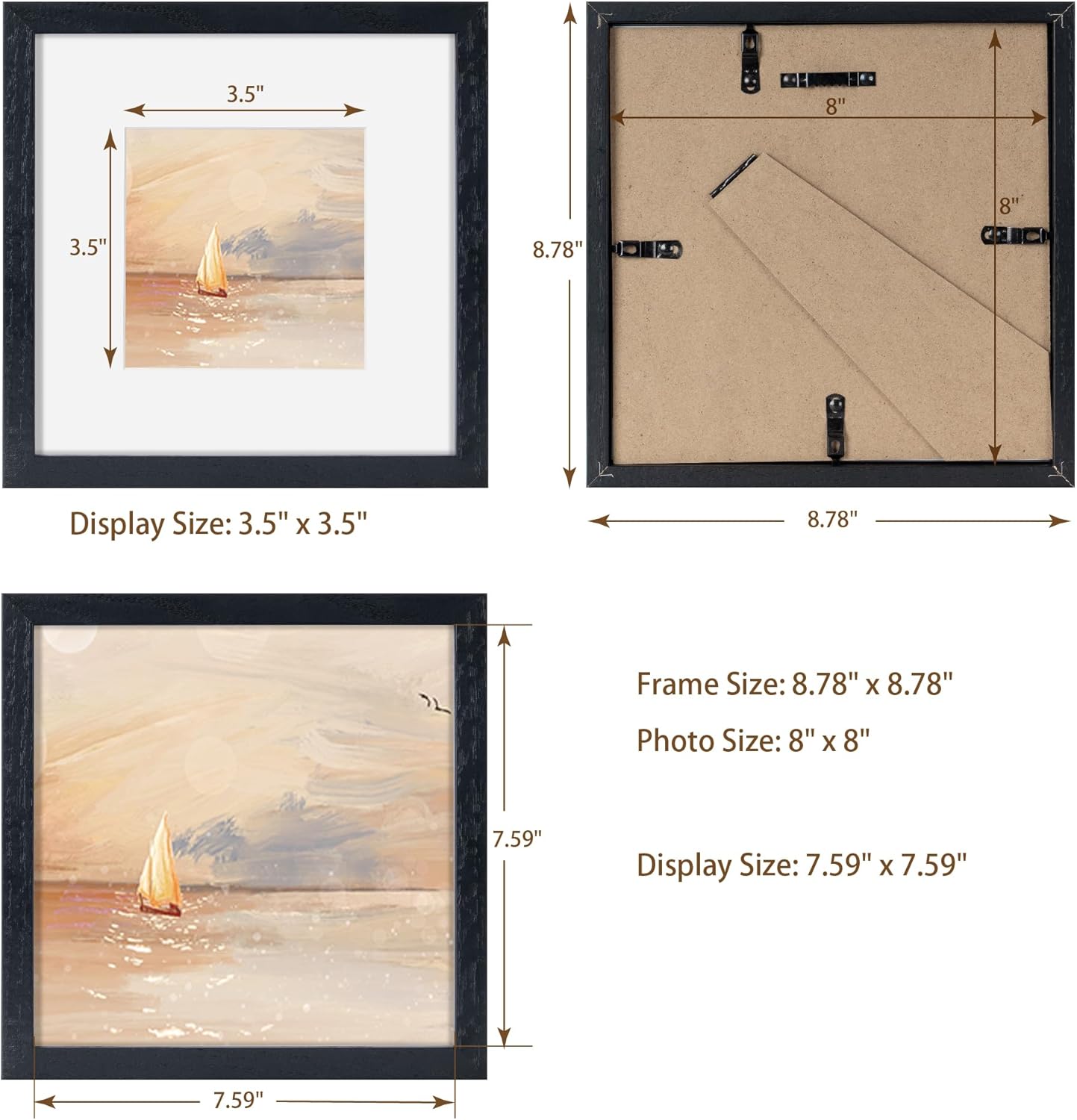 8x8 Picture Frames Black Set of 3, Solid Oak Wood 8”x8” Picture Frame Matted to 4”x4”,Square 8 x 8 Natural Wood Frame with Tempered Real Glass, Rustic 8x8 Photo Frame for Wall & Tabletop Display